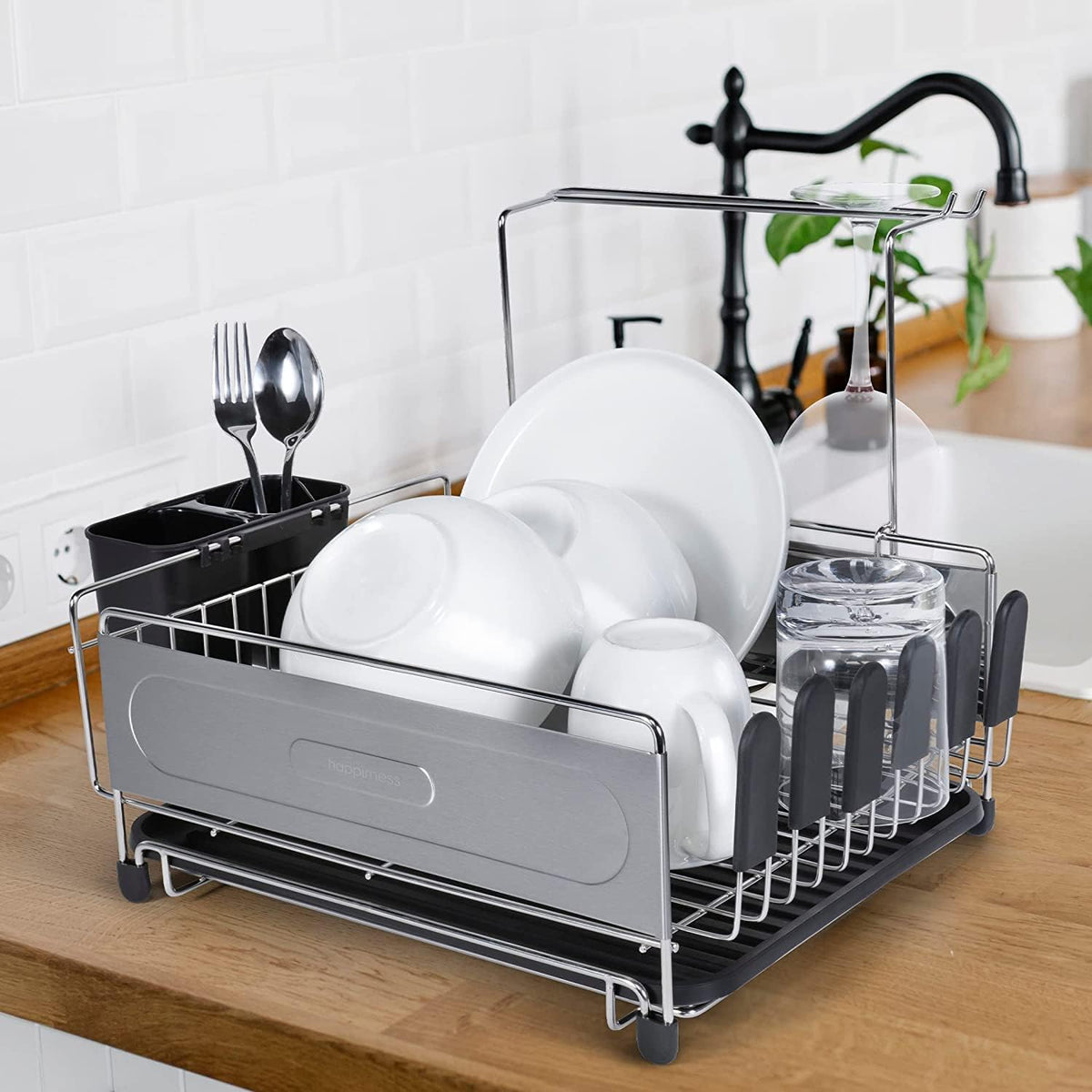 Compact Dish Drying Rack & Drain Tray With Wine Glass Holder - Happimess