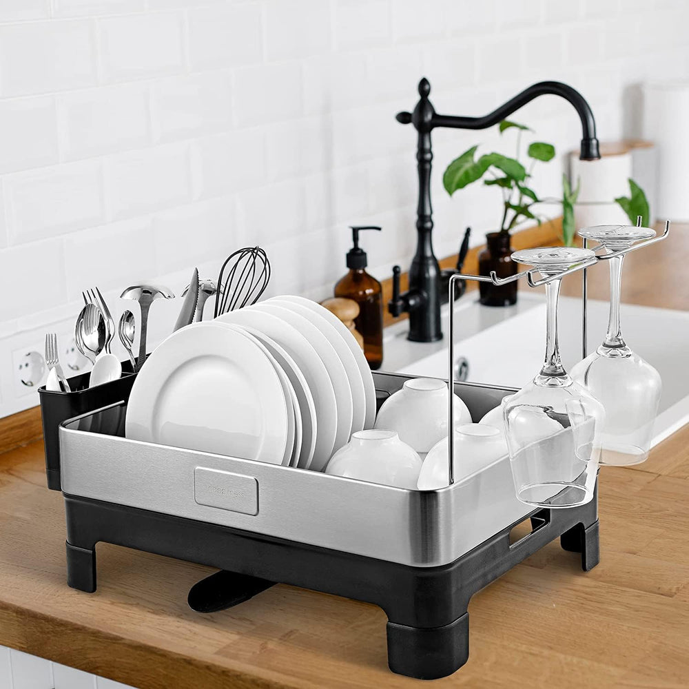 happimess Simple 20.5 in. Stainless Steel/White with Swivel Spout Tray and Wine Glass Holder, Dish Rack