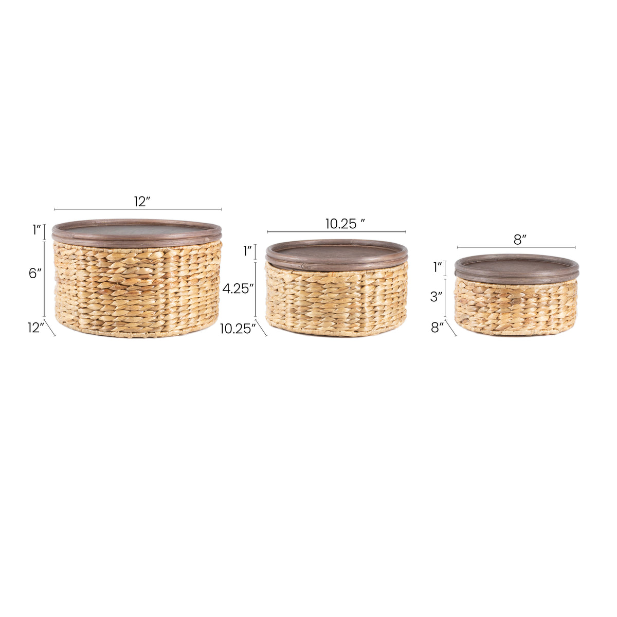 Gouda Hand-Woven Hyacinth Circular Nesting Baskets with Wood Lids (Set of 3) - Happimess
