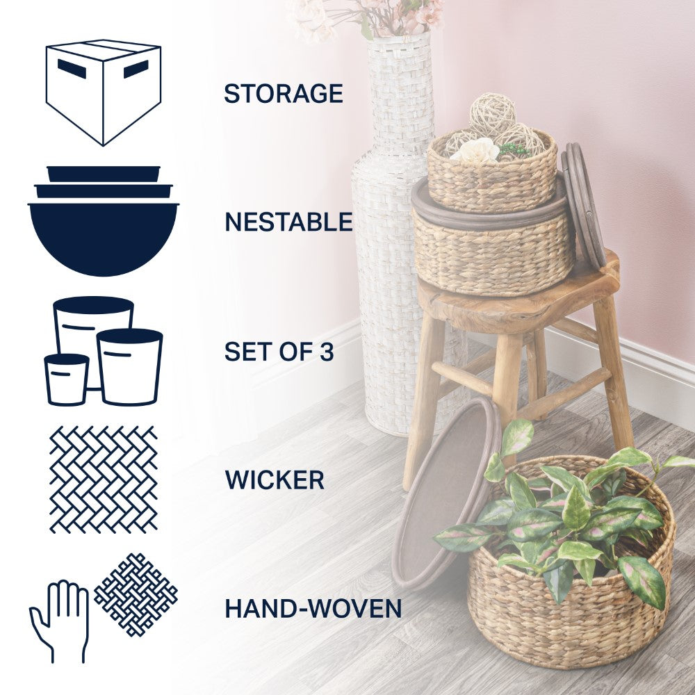 Gouda Hand-Woven Hyacinth Circular Nesting Baskets with Wood Lids (Set of 3) - Happimess