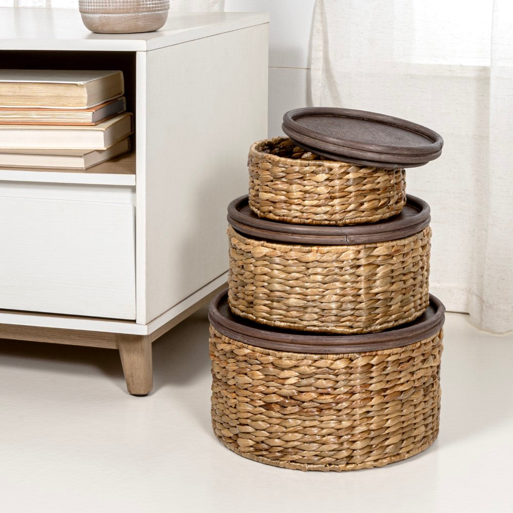 Gouda Hand-Woven Hyacinth Circular Nesting Baskets with Wood Lids (Set of 3) - Happimess