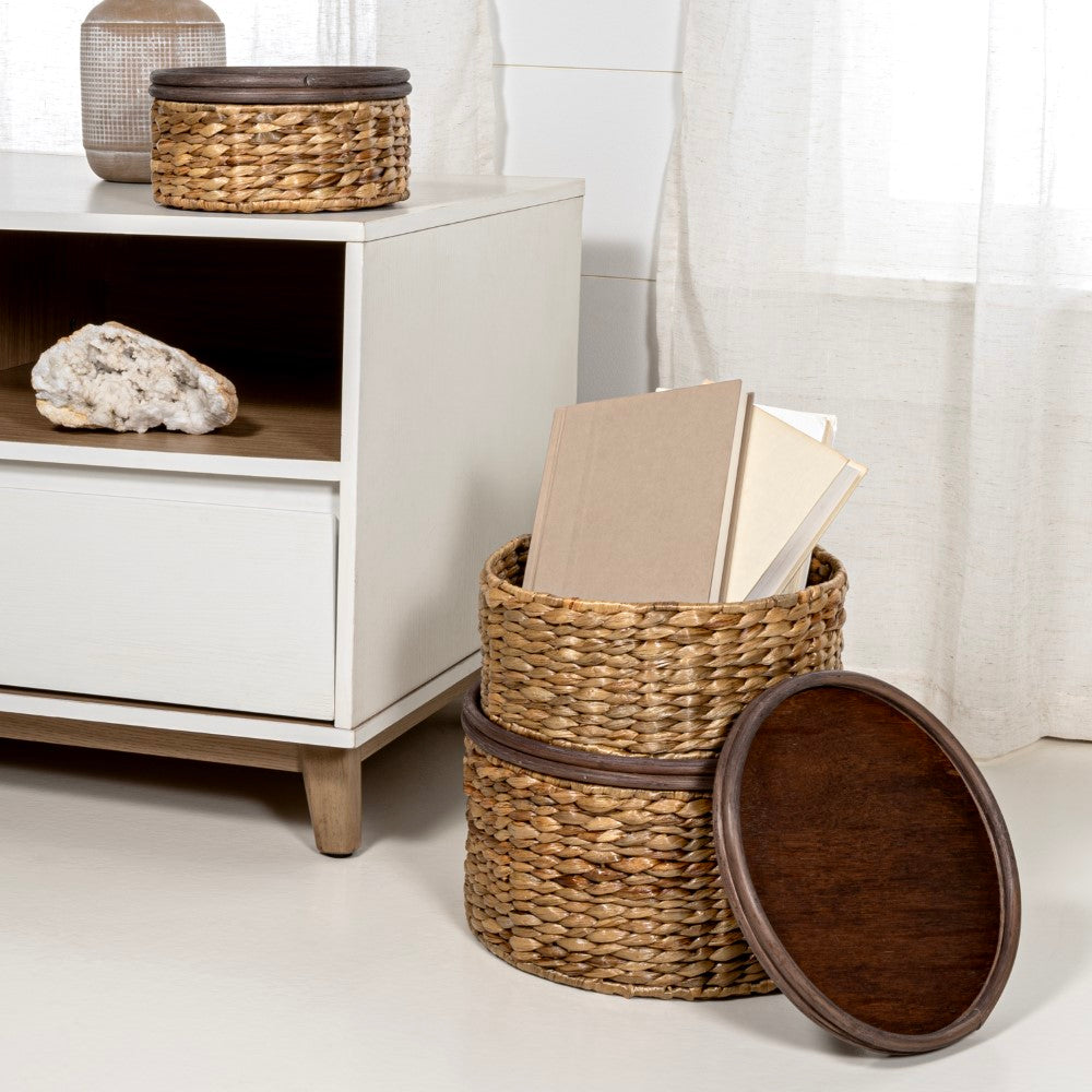Gouda Hand-Woven Hyacinth Circular Nesting Baskets with Wood Lids (Set of 3) - Happimess