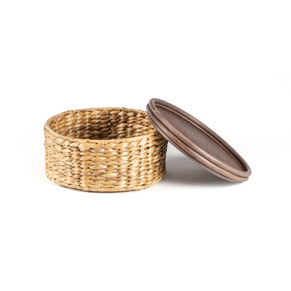 Gouda Hand-Woven Hyacinth Circular Nesting Baskets with Wood Lids (Set of 3) - Happimess