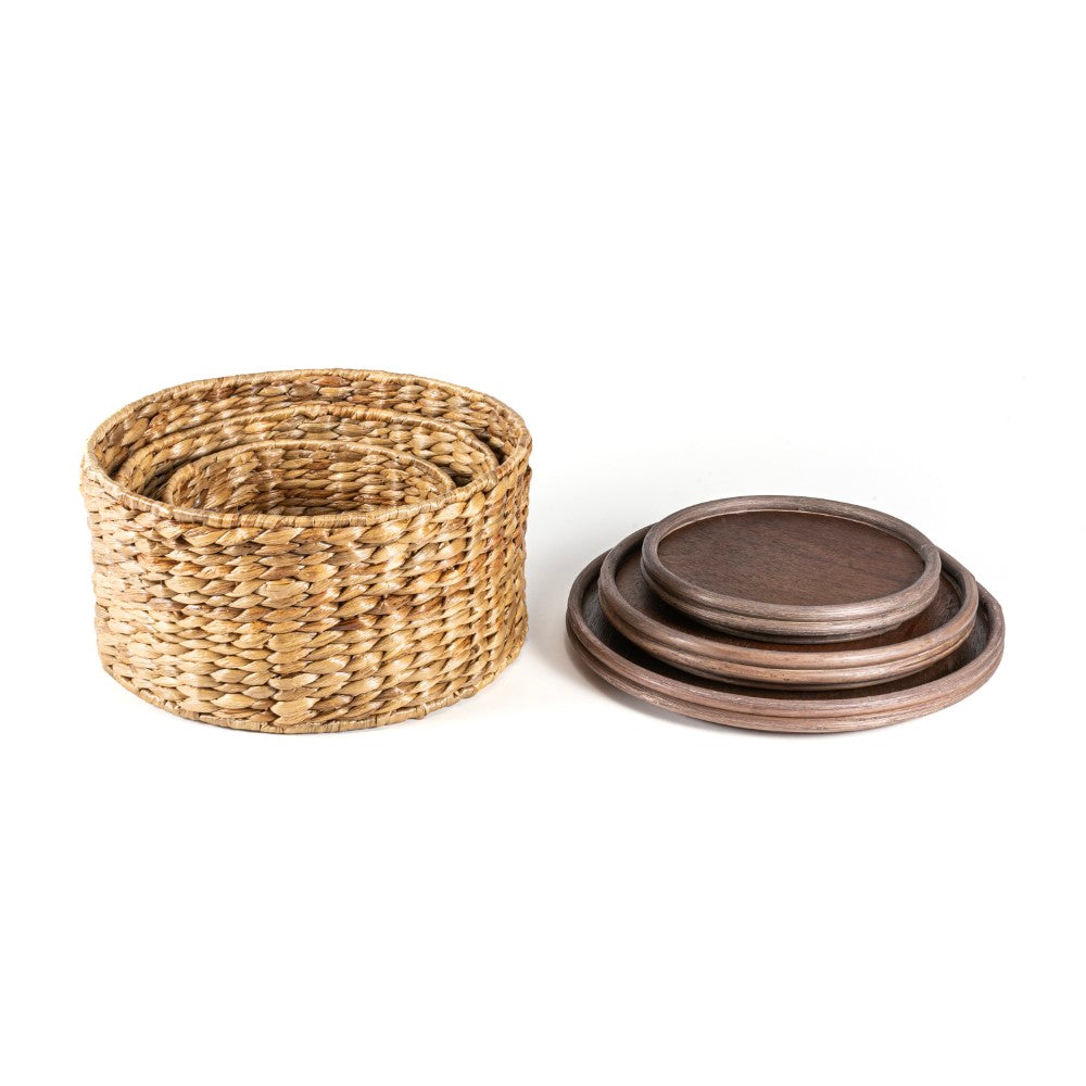 Gouda Hand-Woven Hyacinth Circular Nesting Baskets with Wood Lids (Set of 3) - Happimess