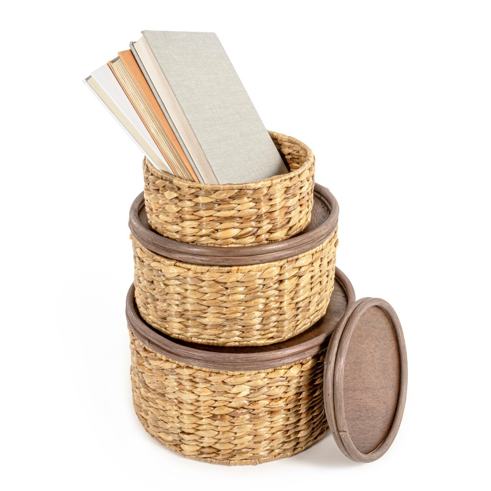 Gouda Hand-Woven Hyacinth Circular Nesting Baskets with Wood Lids (Set of 3) - Happimess