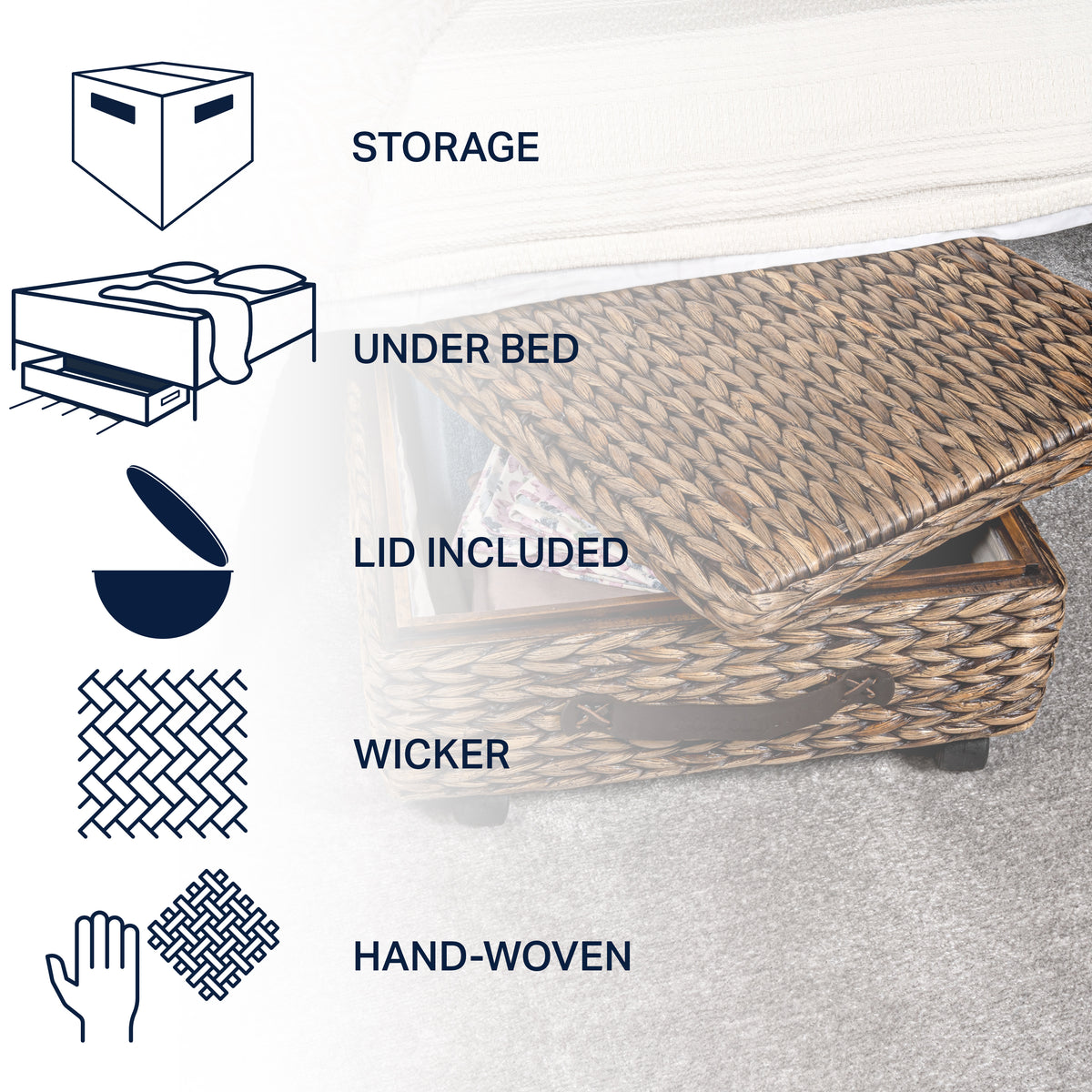 Chett Minimalist Hand-Woven Hyacinth/Wood Underbed Storage Bin - Happimess