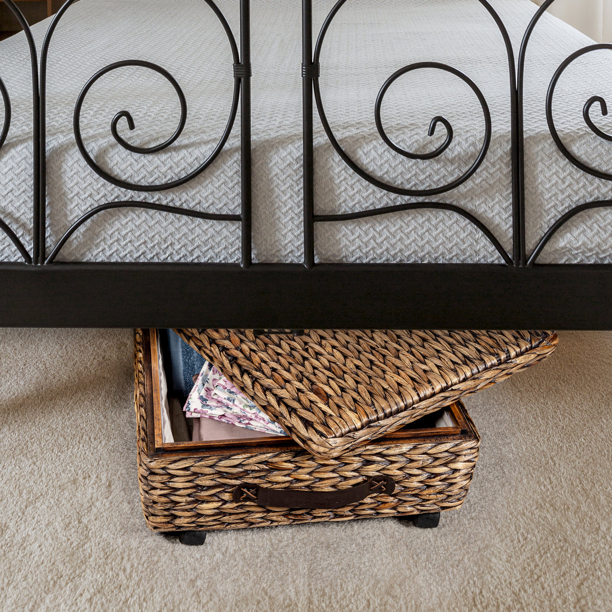 Chett Minimalist Hand-Woven Hyacinth/Wood Underbed Storage Bin - Happimess