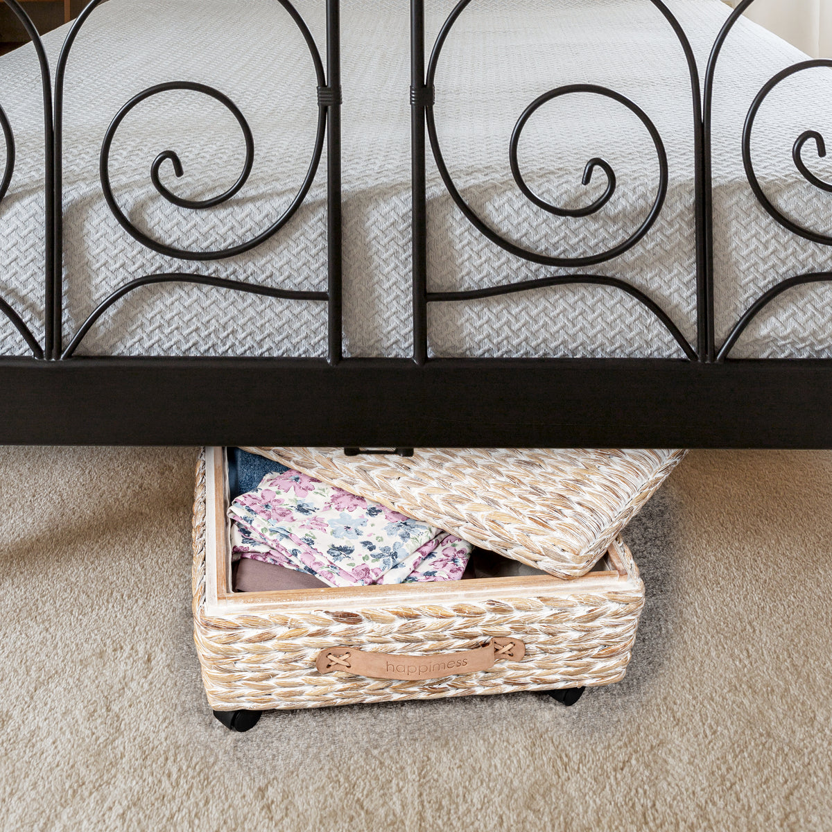 Chett Minimalist Hand-Woven Hyacinth/Wood Underbed Storage Bin - Happimess