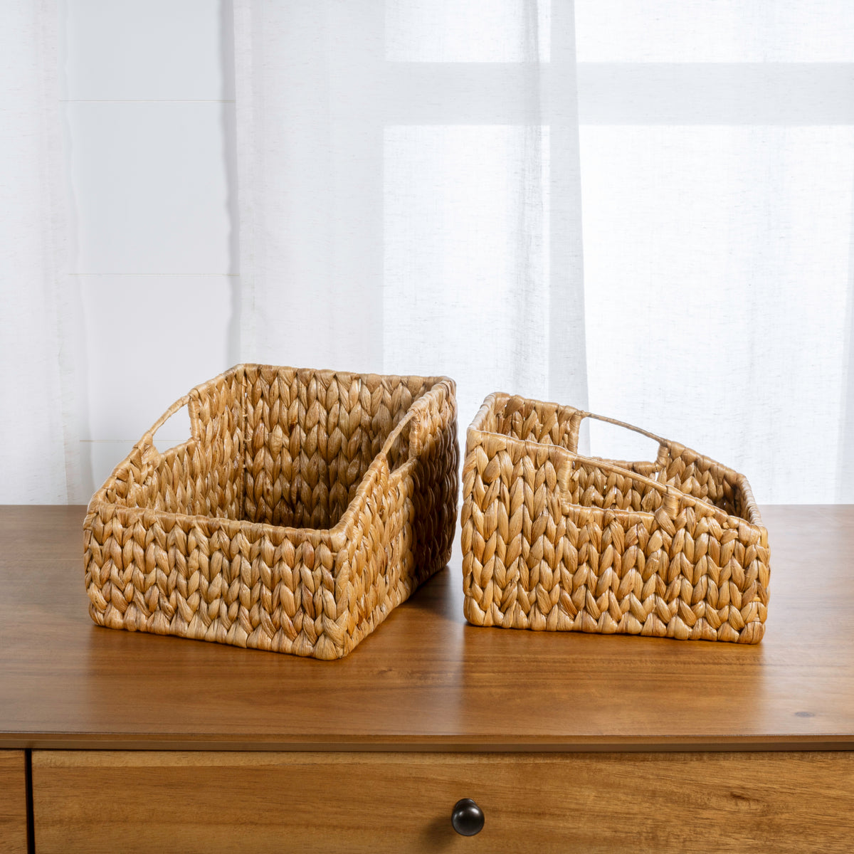 Havanah Southwestern Handwoven Hyacinth Slanted Pantry Baskets with Handles (Set of 2) - Happimess