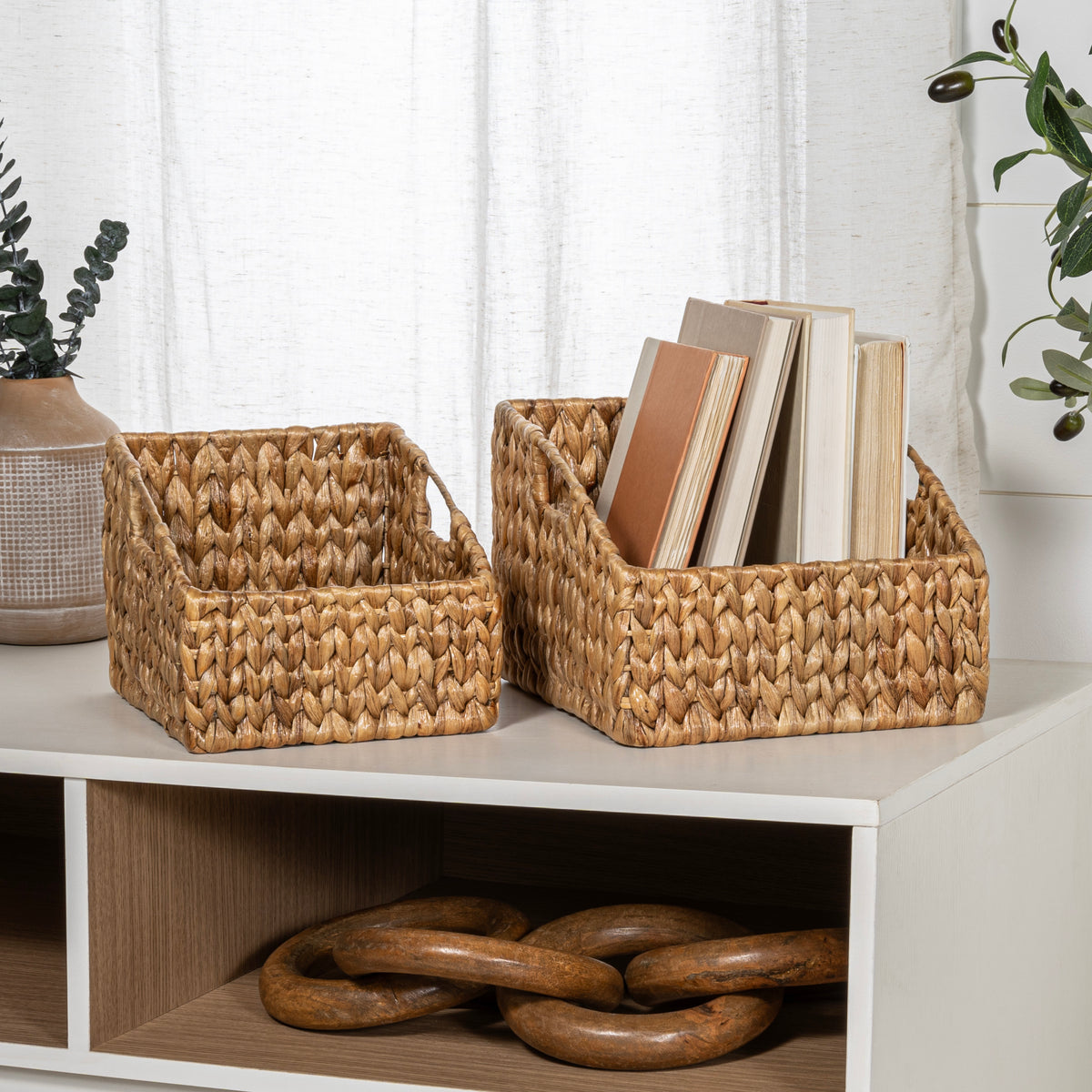 Havanah Southwestern Handwoven Hyacinth Slanted Pantry Baskets with Handles (Set of 2) - Happimess
