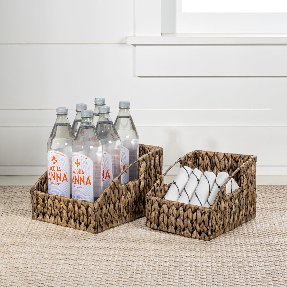 Havanah Southwestern Handwoven Hyacinth Slanted Pantry Baskets with Handles (Set of 2) - Happimess