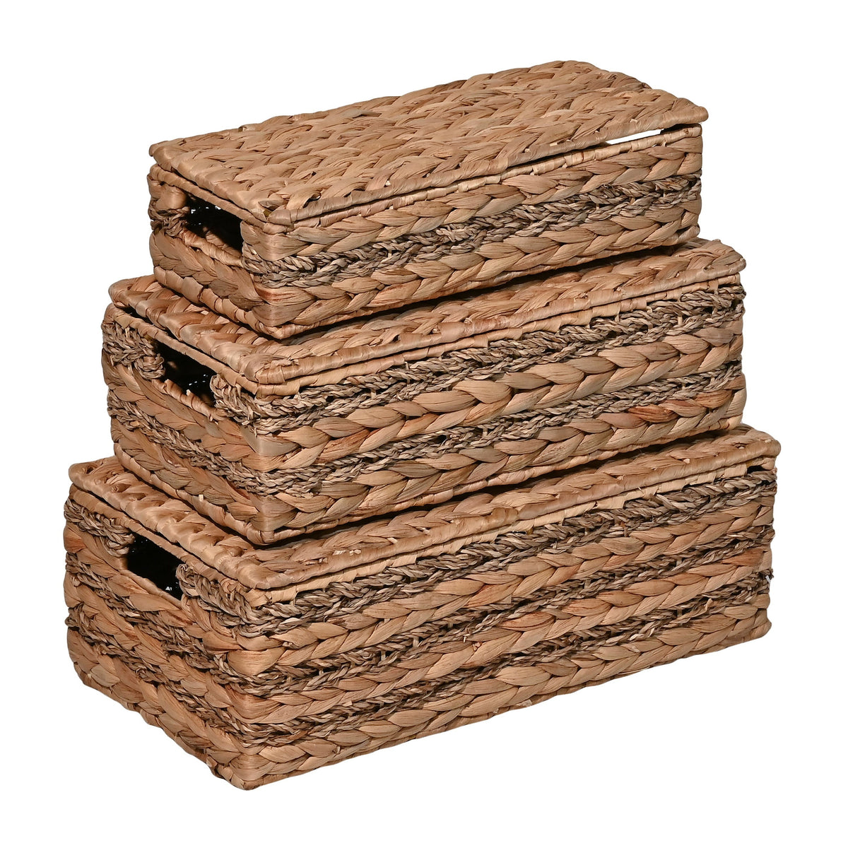 Sandrine Classic Farmhouse Handwoven Hyacinth Storage Baskets with Handles and Lids (Set of 3) - Happimess