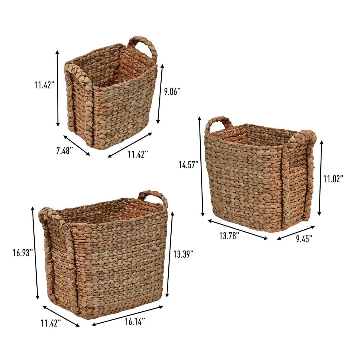 Clara Farmhouse Classic Handwoven Hyacinth Rectangle Storage Floor Baskets with Handles (Set of 3) - Happimess