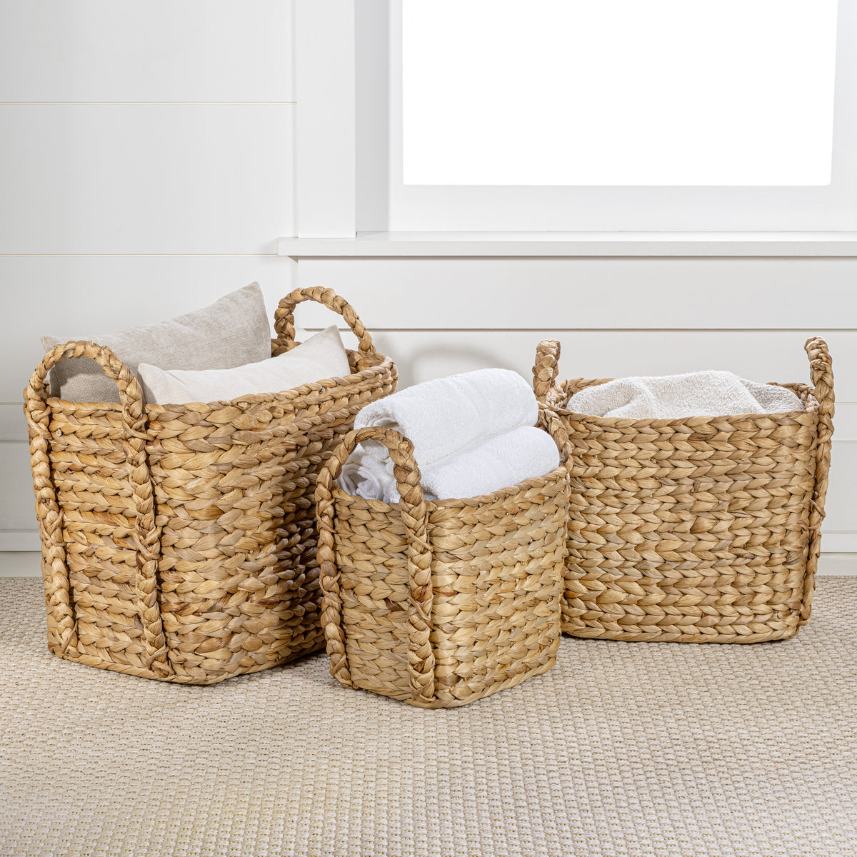 Clara Farmhouse Classic Handwoven Hyacinth Rectangle Storage Floor Baskets with Handles (Set of 3) - Happimess