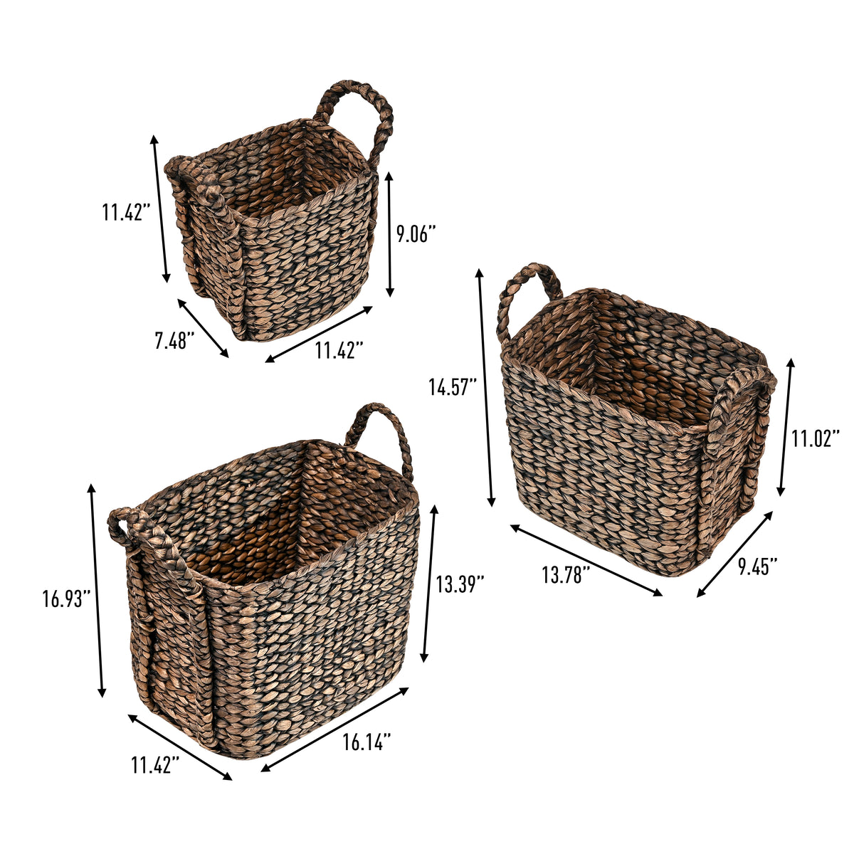 Clara Farmhouse Classic Handwoven Hyacinth Rectangle Storage Floor Baskets with Handles (Set of 3) - Happimess