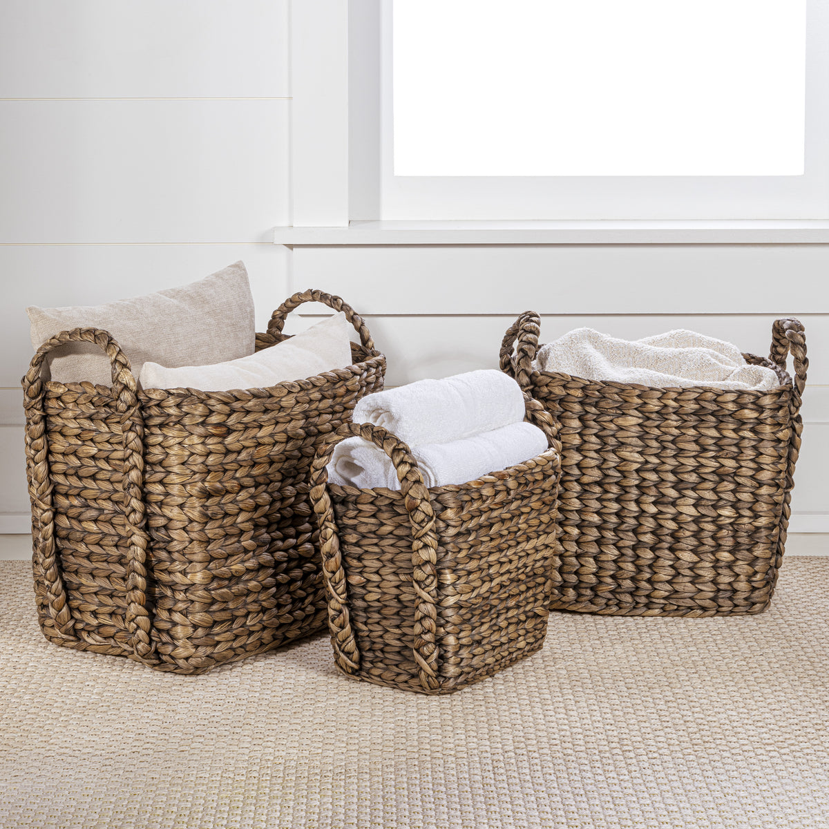 Clara Farmhouse Classic Handwoven Hyacinth Rectangle Storage Floor Baskets with Handles (Set of 3) - Happimess