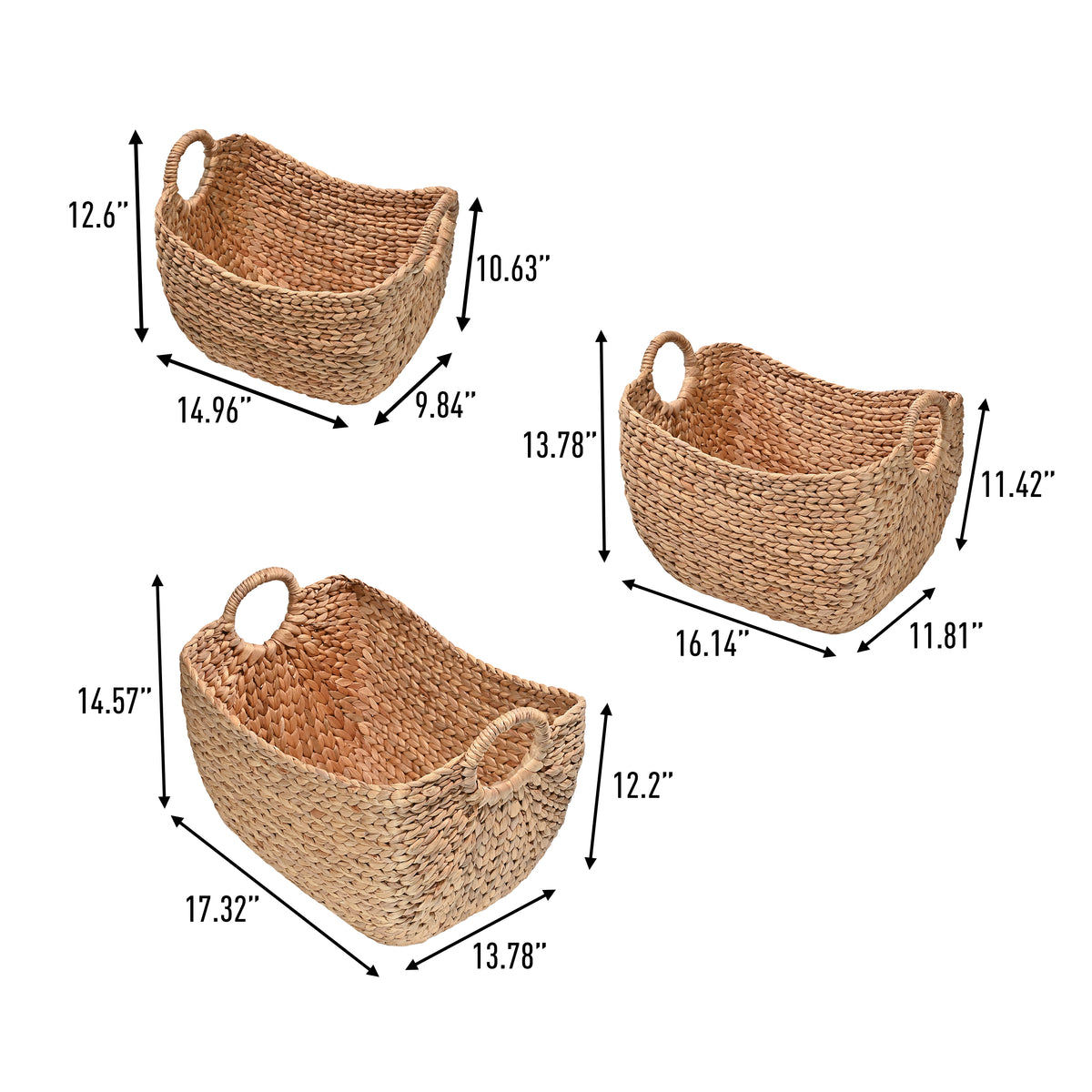 Nellie Farmhouse Classic Handwoven Hyacinth Storage Boat Baskets with Handles (Set of 3) - Happimess
