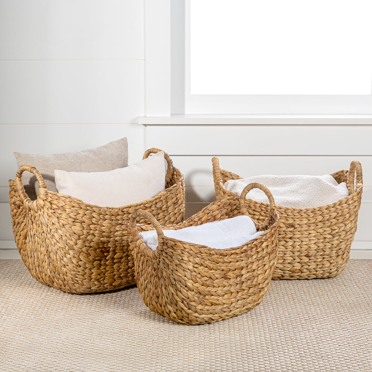 Nellie Farmhouse Classic Handwoven Hyacinth Storage Boat Baskets with Handles (Set of 3) - Happimess