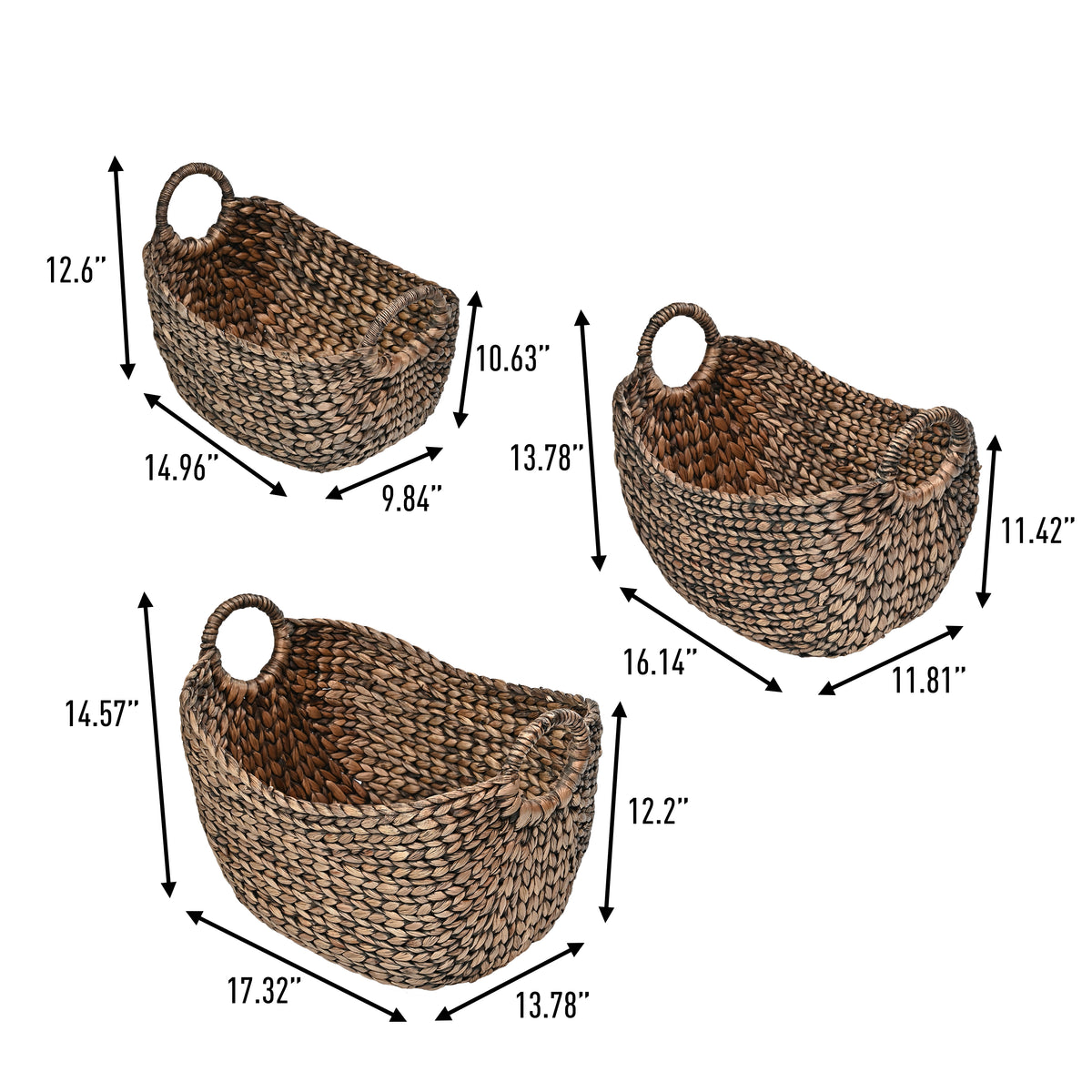 Nellie Farmhouse Classic Handwoven Hyacinth Storage Boat Baskets with Handles (Set of 3) - Happimess