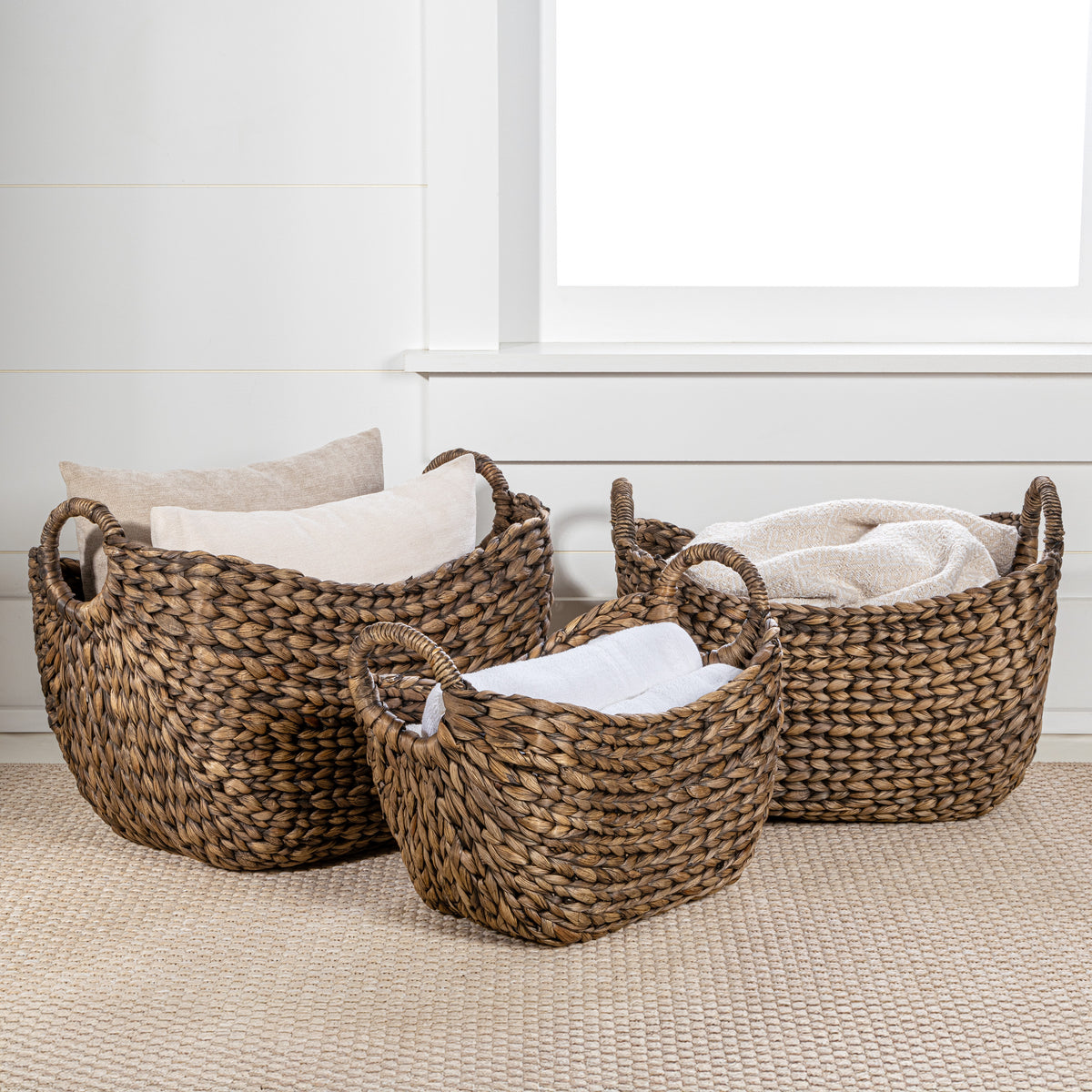Nellie Farmhouse Classic Handwoven Hyacinth Storage Boat Baskets with Handles (Set of 3) - Happimess