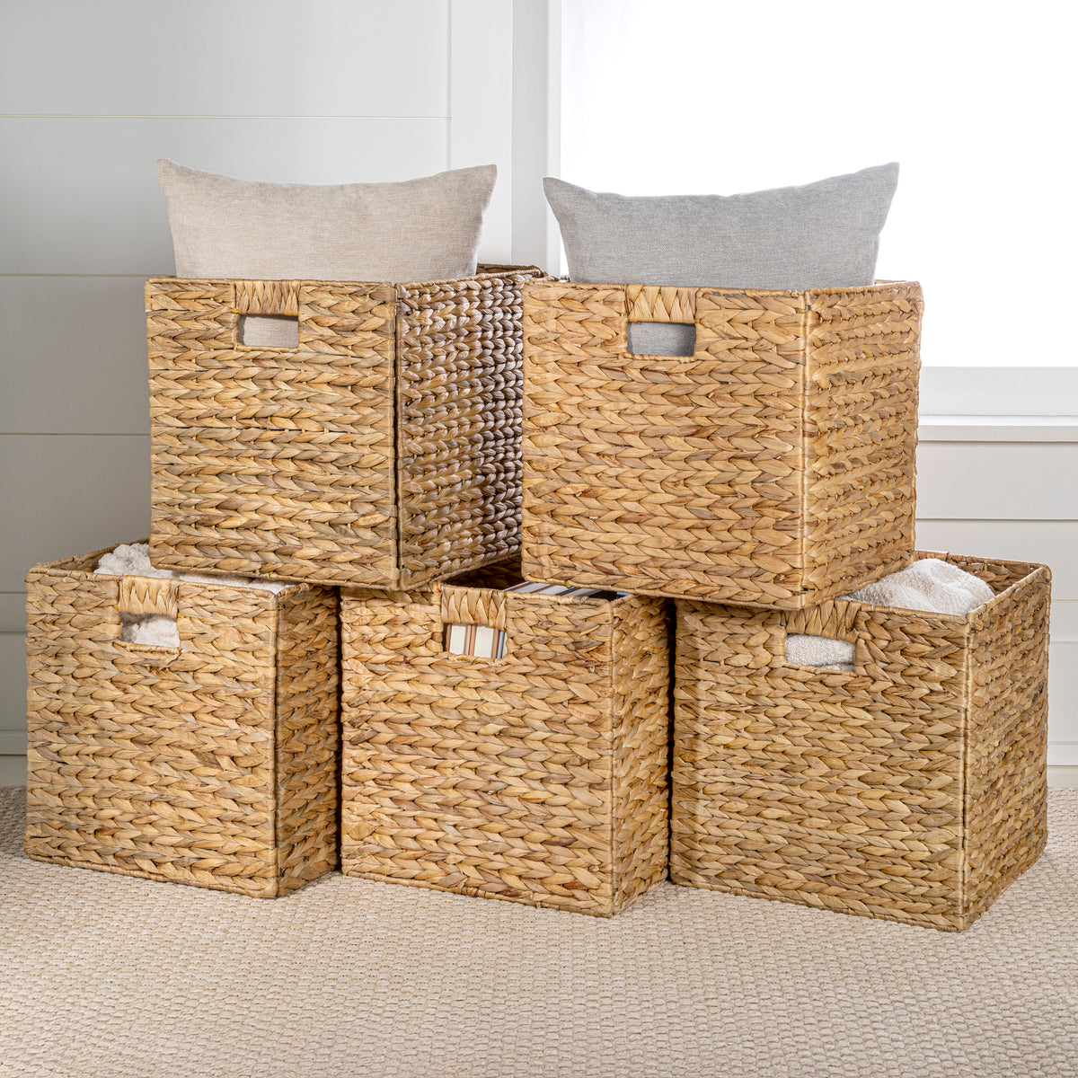 Bryce Classic Farmhouse Handwoven Hyacinth Collapsible Storage Cube Baskets with Handles (Set of 5) - Happimess