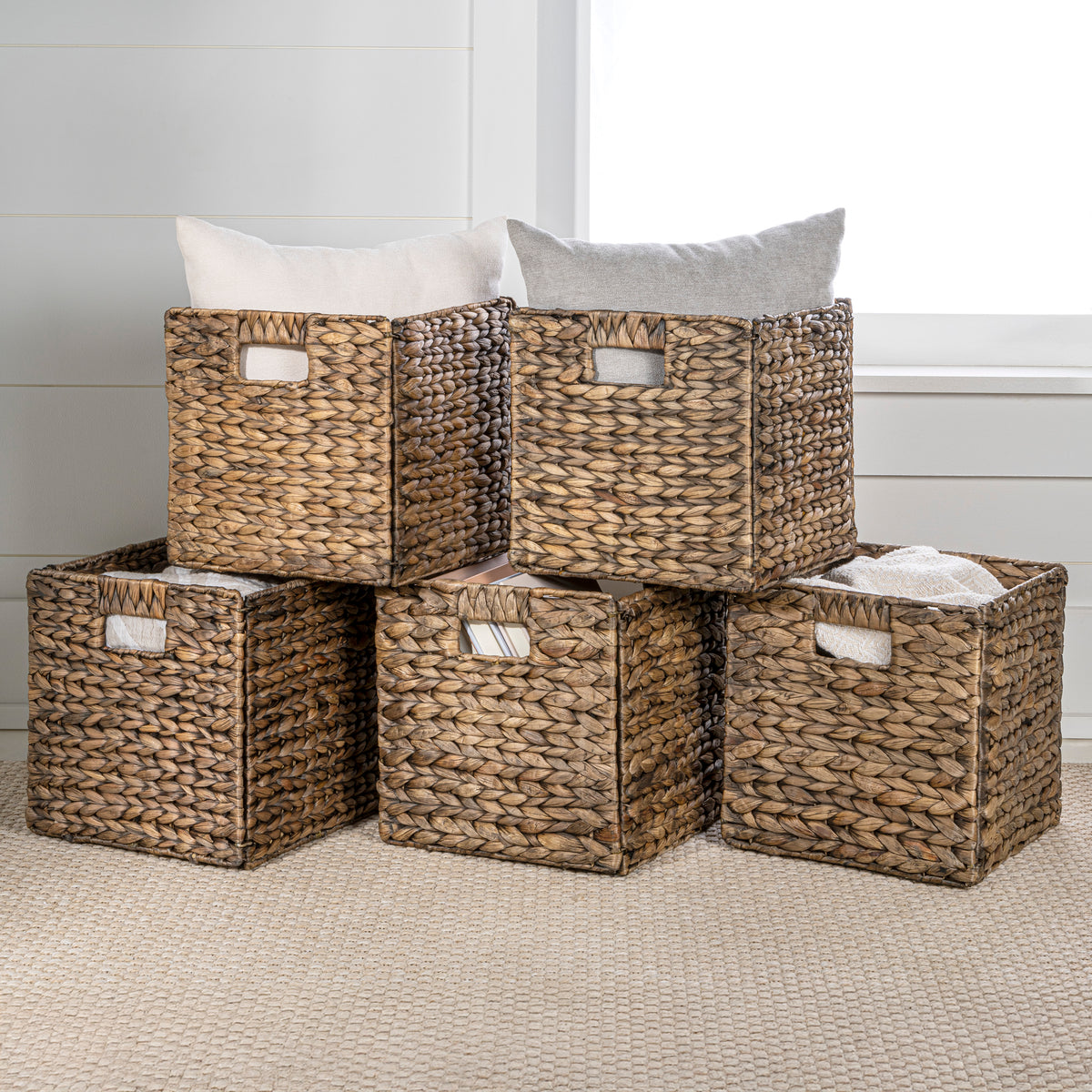 Bryce Classic Farmhouse Handwoven Hyacinth Collapsible Storage Cube Baskets with Handles (Set of 5) - Happimess