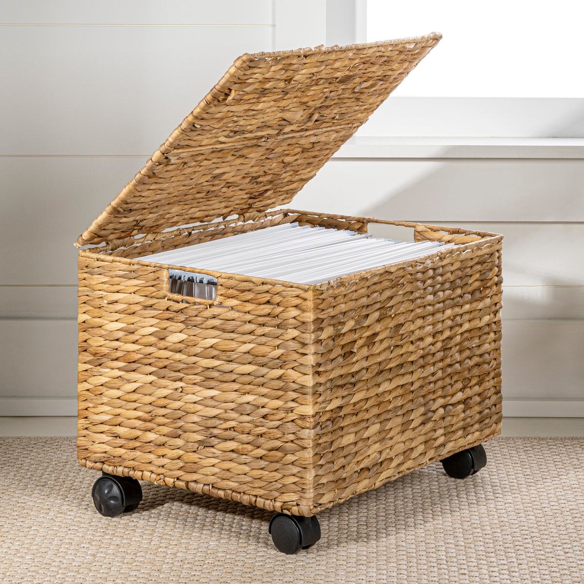 Ashton 18.11" Classic Farmhouse Handwoven Hyacinth Rolling Filing Basket with Lid and 360 Degree Lockable Wheels - Happimess