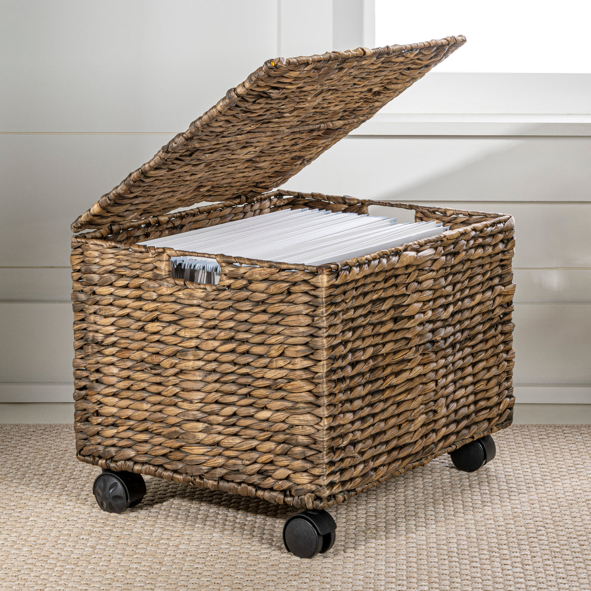 Ashton 18.11" Classic Farmhouse Handwoven Hyacinth Rolling Filing Basket with Lid and 360 Degree Lockable Wheels - Happimess