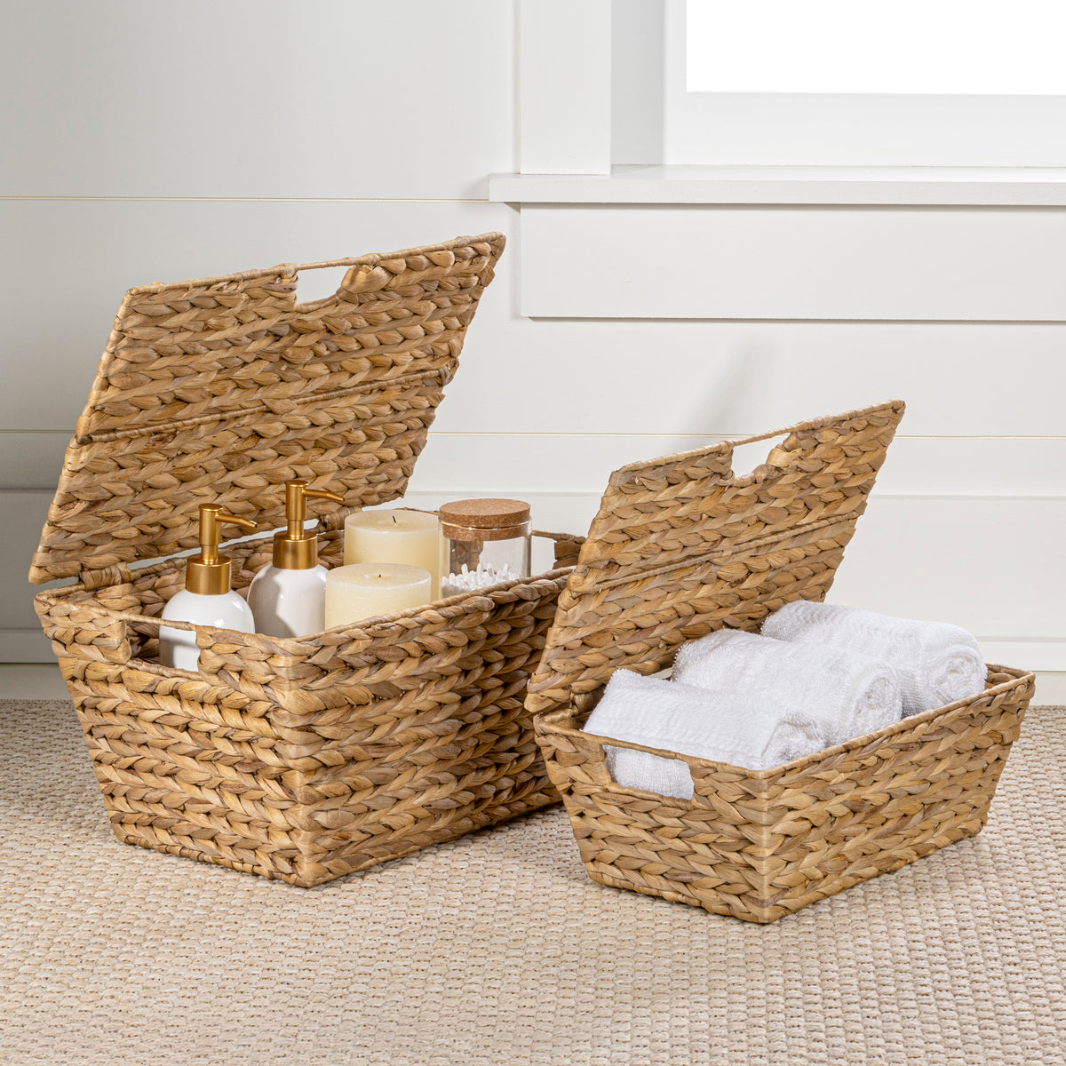 Wilder Classic Farmhouse Woven Hyacinth Rectangular Storage Baskets with Lids and Handles (Set of 2) - Happimess