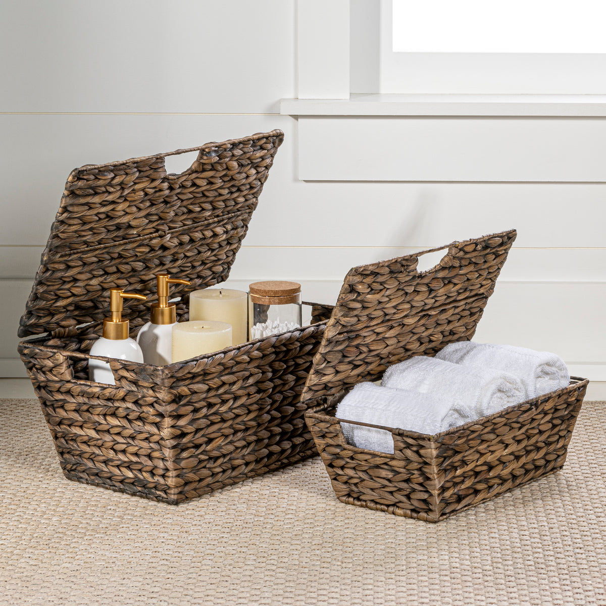 Wilder Classic Farmhouse Woven Hyacinth Rectangular Storage Baskets with Lids and Handles (Set of 2) - Happimess