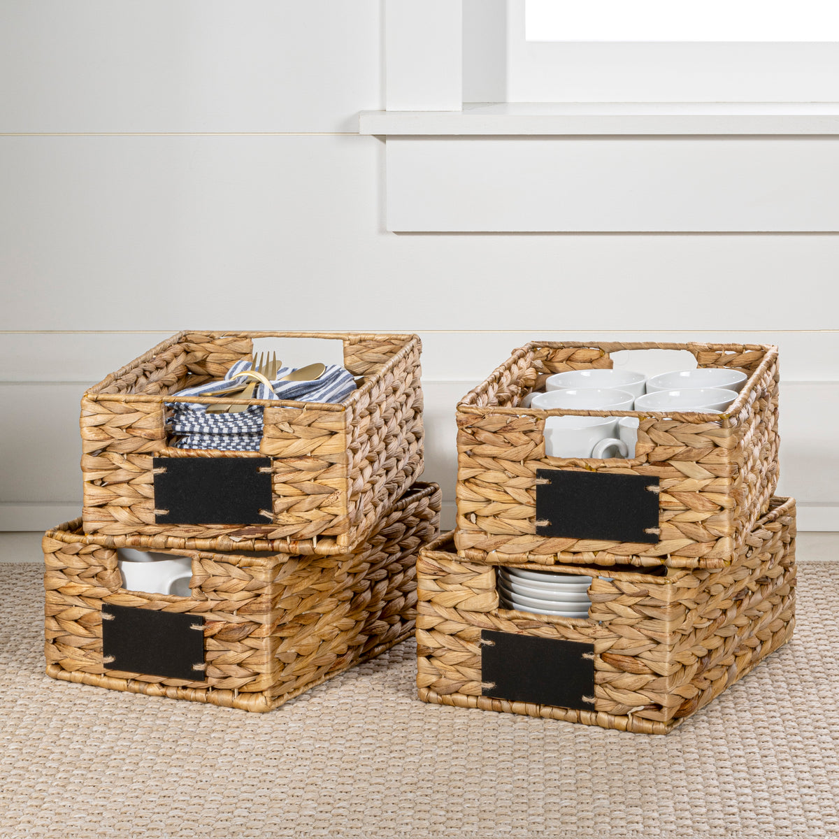 Lane 12" Classic Farmhouse Handwoven Hyacinth Pantry Baskets with Chalkboard Labels and Handles (Set of 4) - Happimess