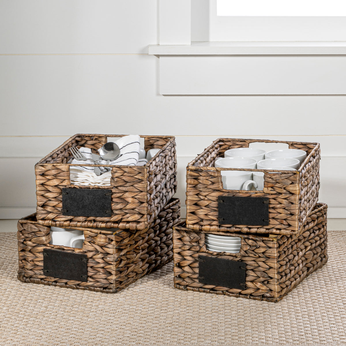Lane 12" Classic Farmhouse Handwoven Hyacinth Pantry Baskets with Chalkboard Labels and Handles (Set of 4) - Happimess
