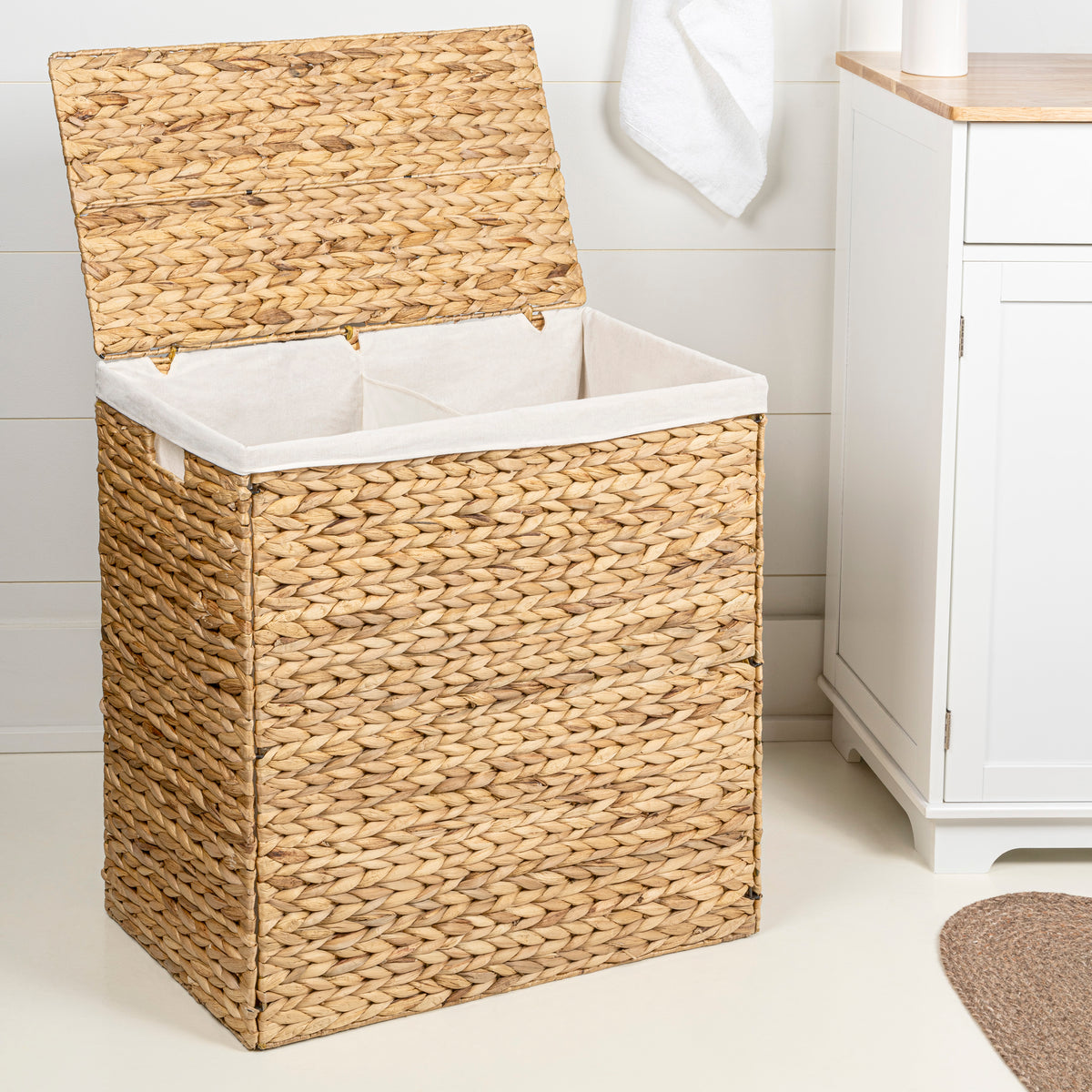 Sawyer 24" Classic Farmhouse Handwoven Hyacinth 2-Section Collapsible Laundry Hamper with Washable Liner - Happimess