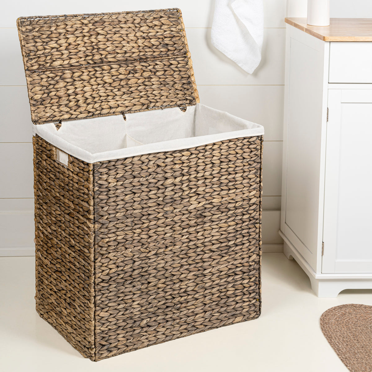 Sawyer 24" Classic Farmhouse Handwoven Hyacinth 2-Section Collapsible Laundry Hamper with Washable Liner - Happimess
