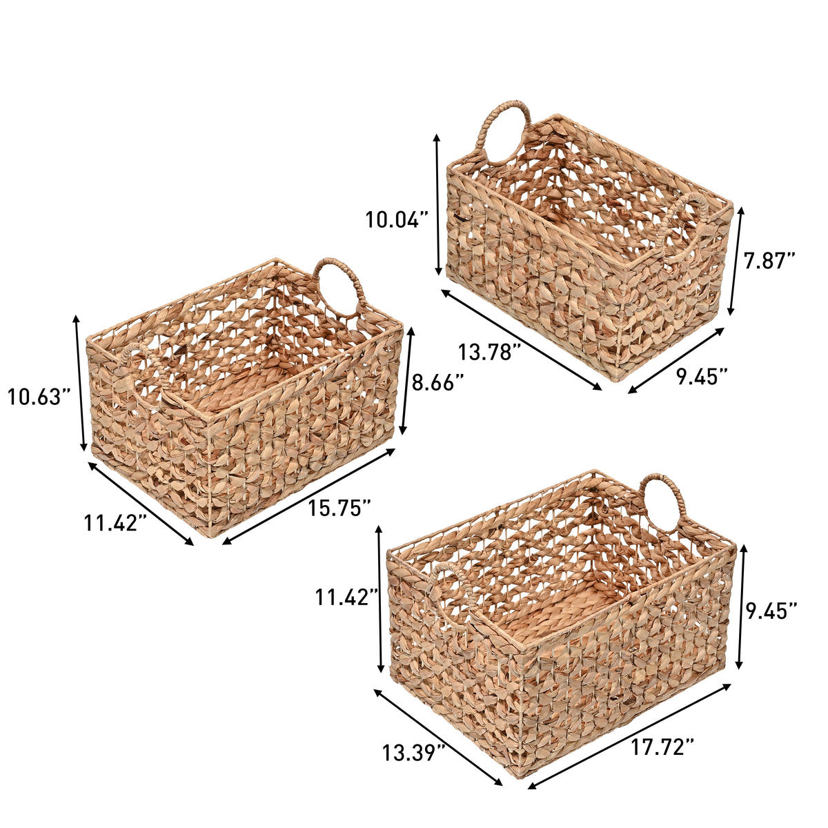 Quinn Bohemian Cottage Woven Hyacinth Rectangular Storage Baskets with Handles (Set of 3) - Happimess