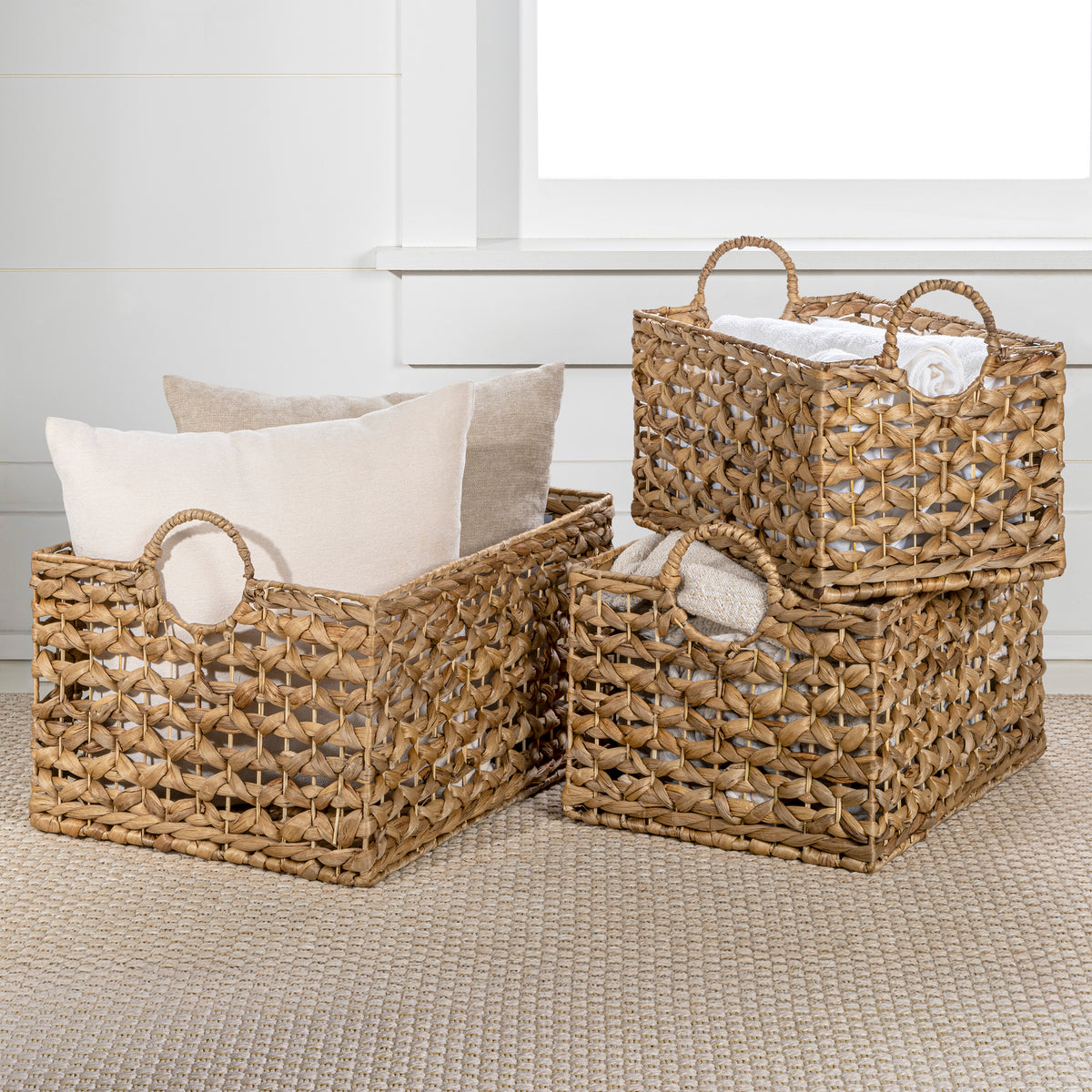 Quinn Bohemian Cottage Woven Hyacinth Rectangular Storage Baskets with Handles (Set of 3) - Happimess
