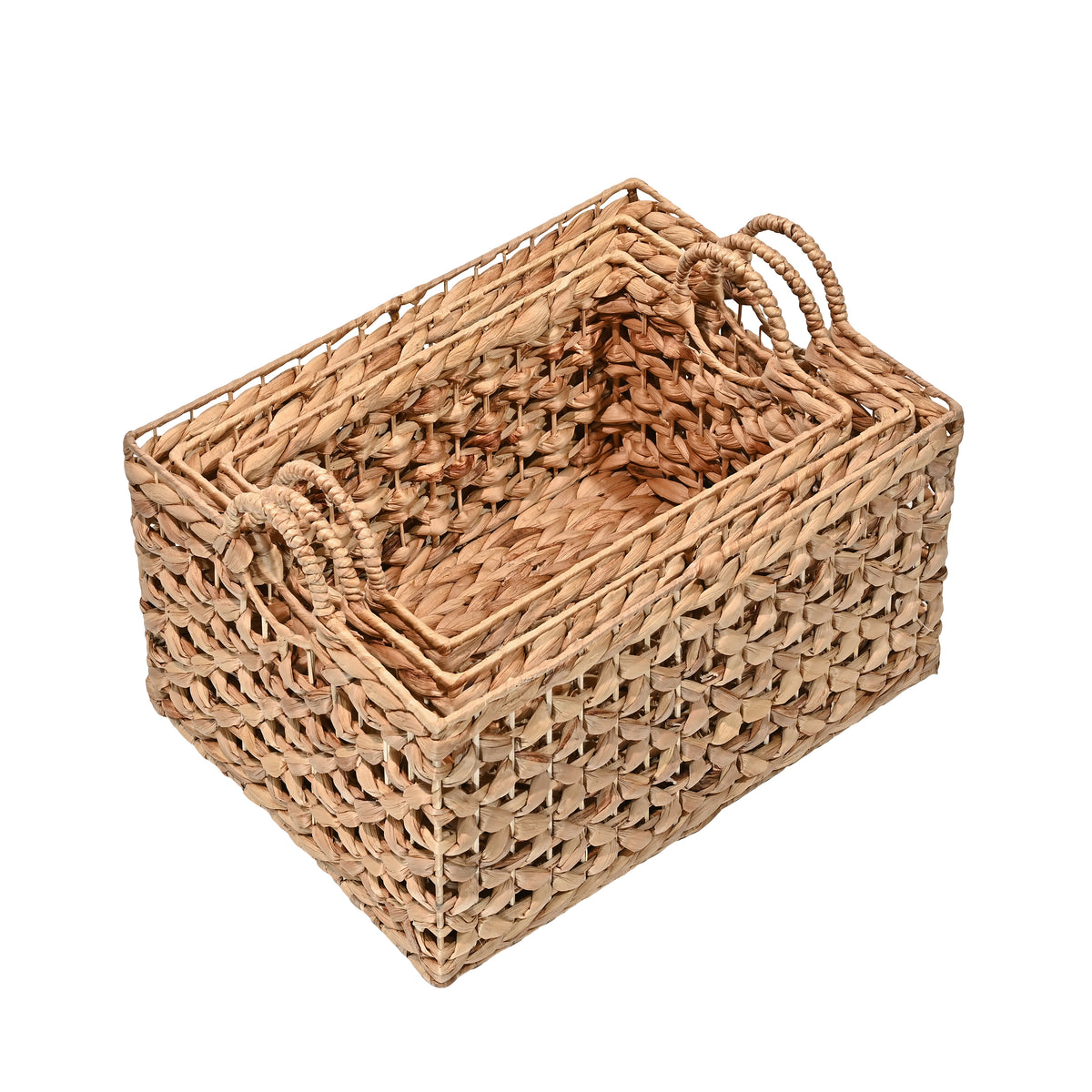 Quinn Bohemian Cottage Woven Hyacinth Rectangular Storage Baskets with Handles (Set of 3) - Happimess