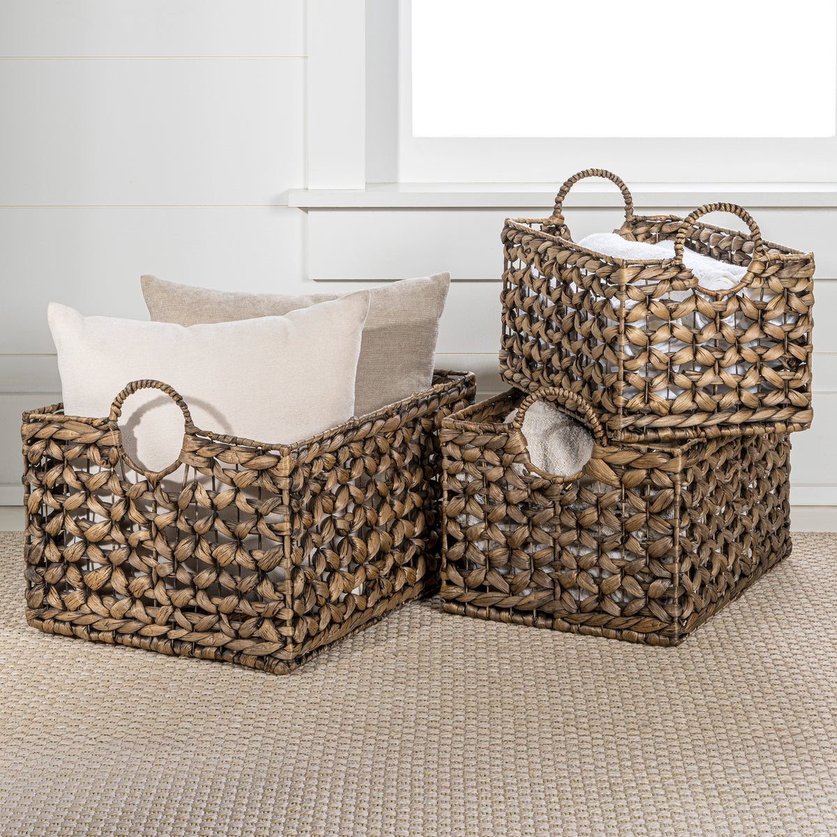Quinn Bohemian Cottage Woven Hyacinth Rectangular Storage Baskets with Handles (Set of 3) - Happimess