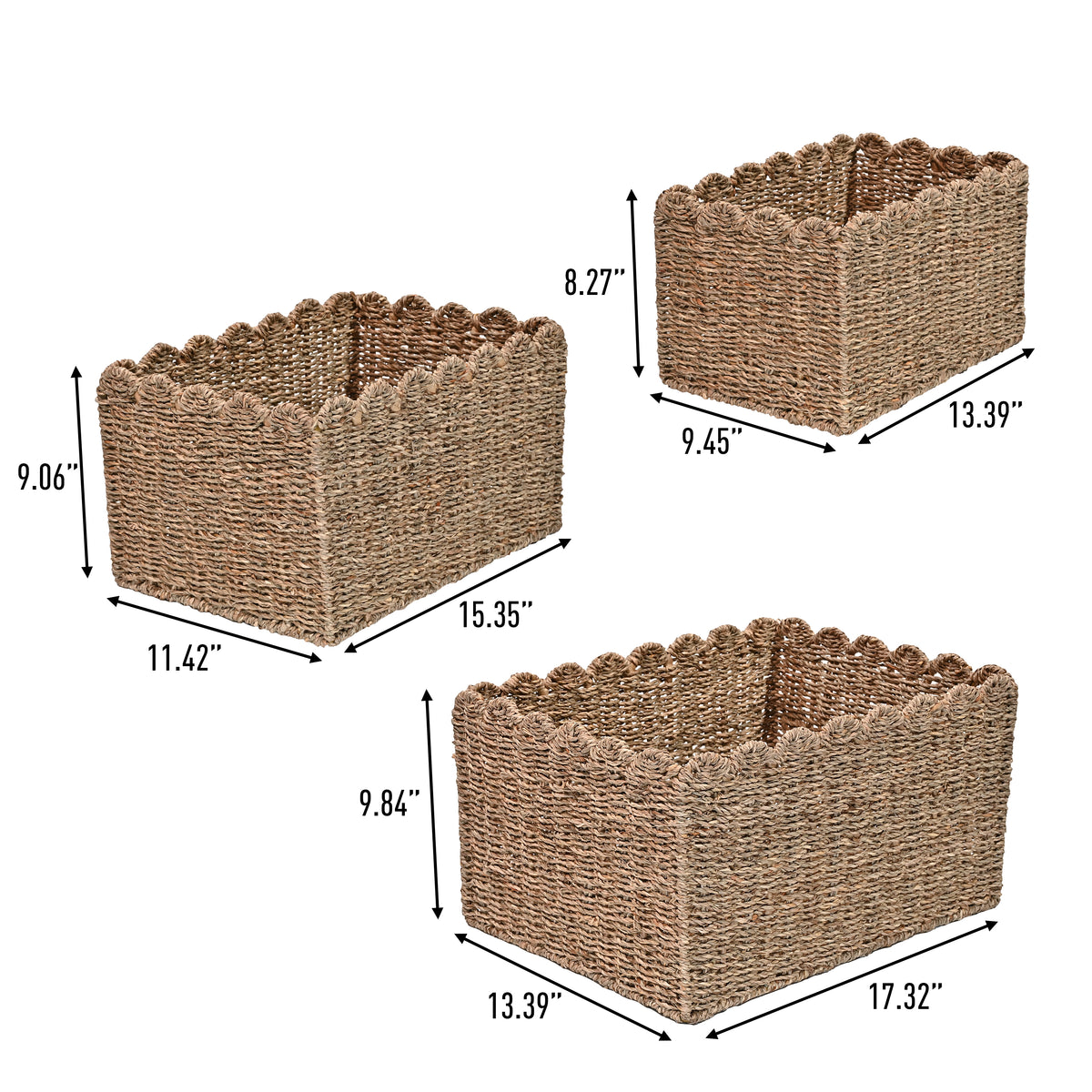 Arden Coastal Cottage Seagrass Scalloped Rectangular Organizing Storage Baskets (Set of 3) - Happimess