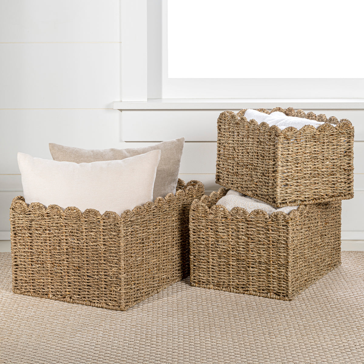 Arden Coastal Cottage Seagrass Scalloped Rectangular Organizing Storage Baskets (Set of 3) - Happimess