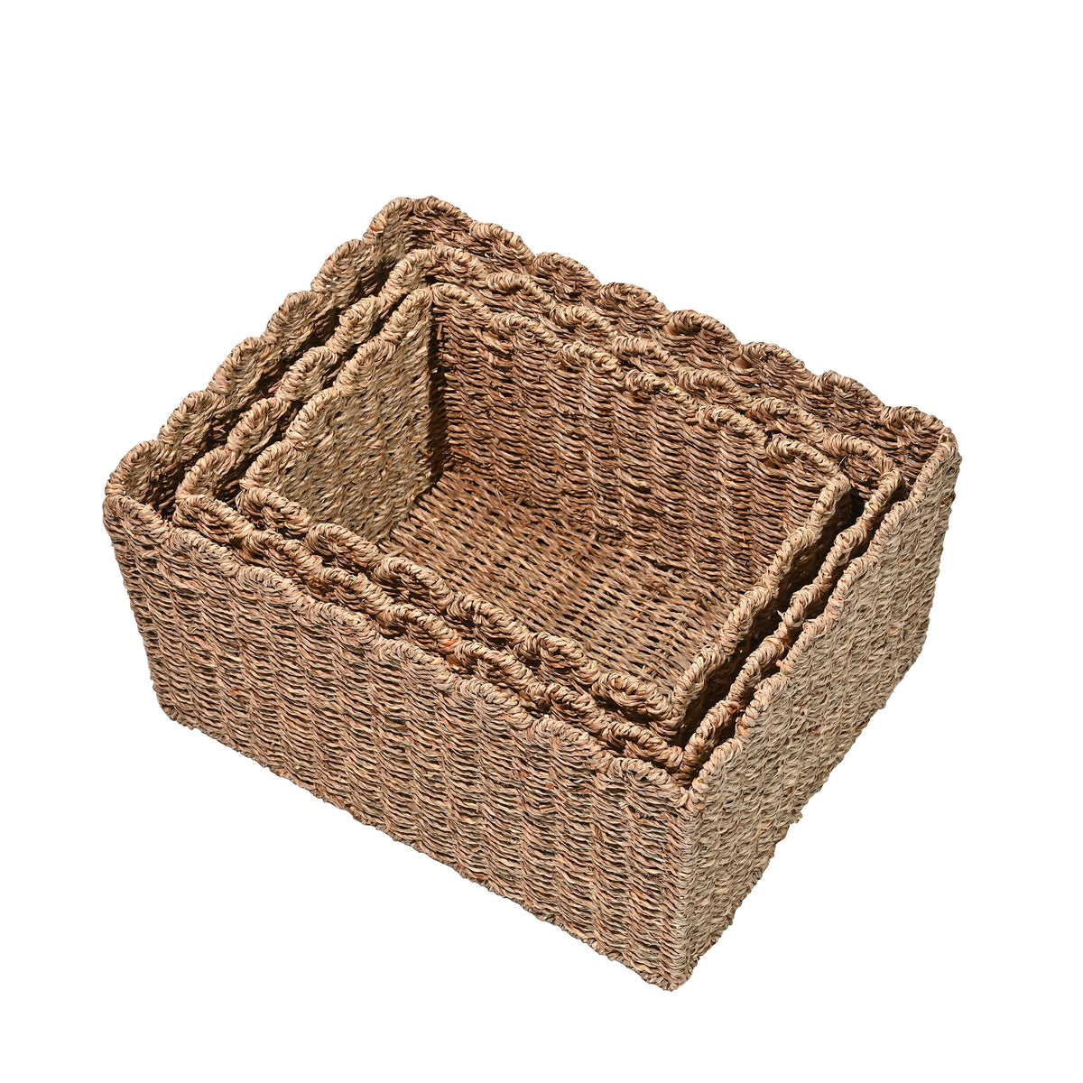 Arden Coastal Cottage Seagrass Scalloped Rectangular Organizing Storage Baskets (Set of 3) - Happimess