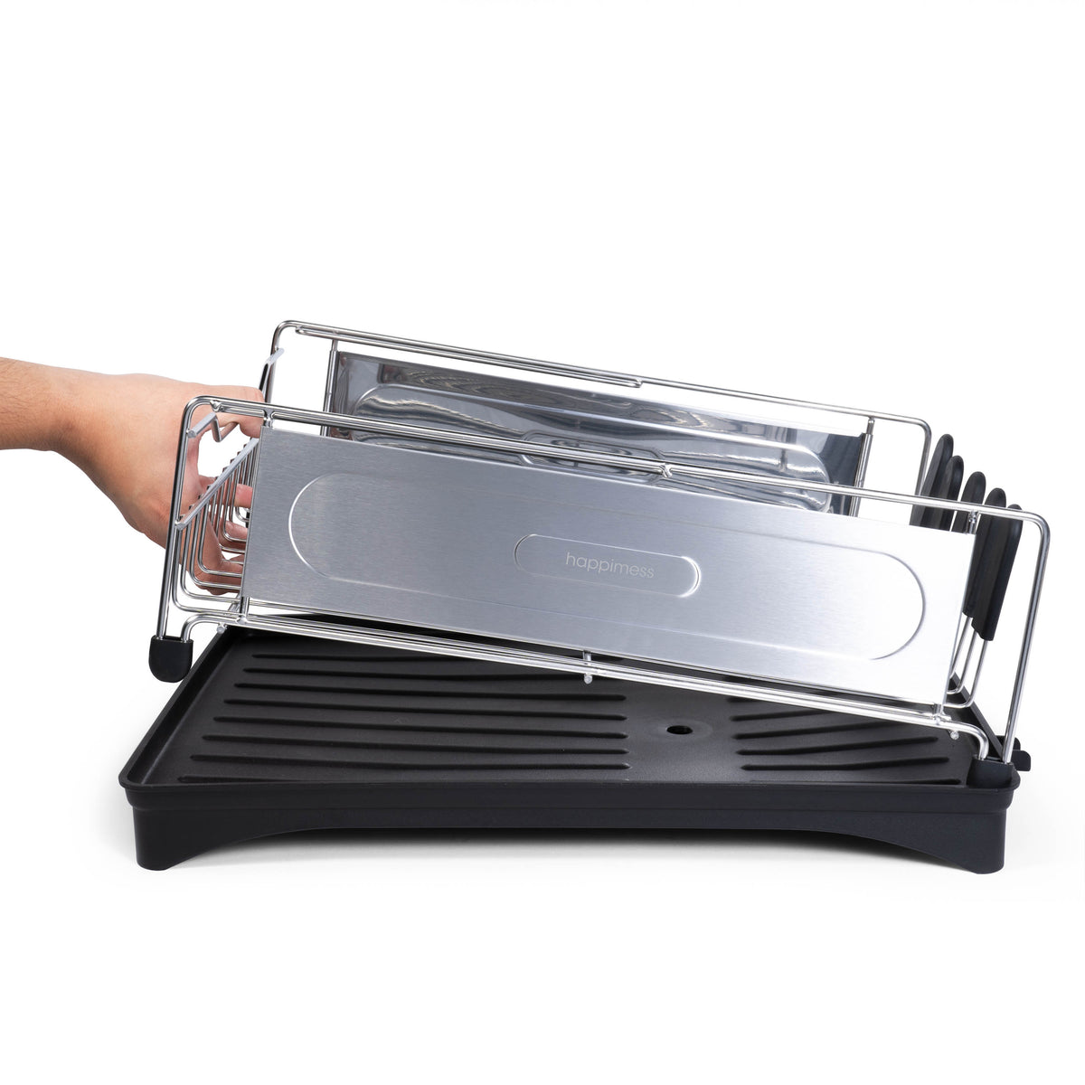 Compact 18.25" 2-Tier Fingerprint-Proof Stainless Steel Dish Drying Rack with Swivel Spout Tray - Silver/Black