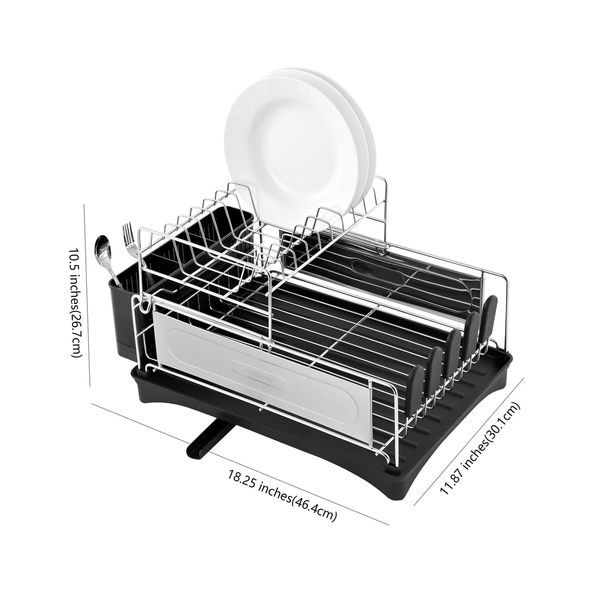 Compact 18.25" 2-Tier Fingerprint-Proof Stainless Steel Dish Drying Rack with Swivel Spout Tray - Silver/Black