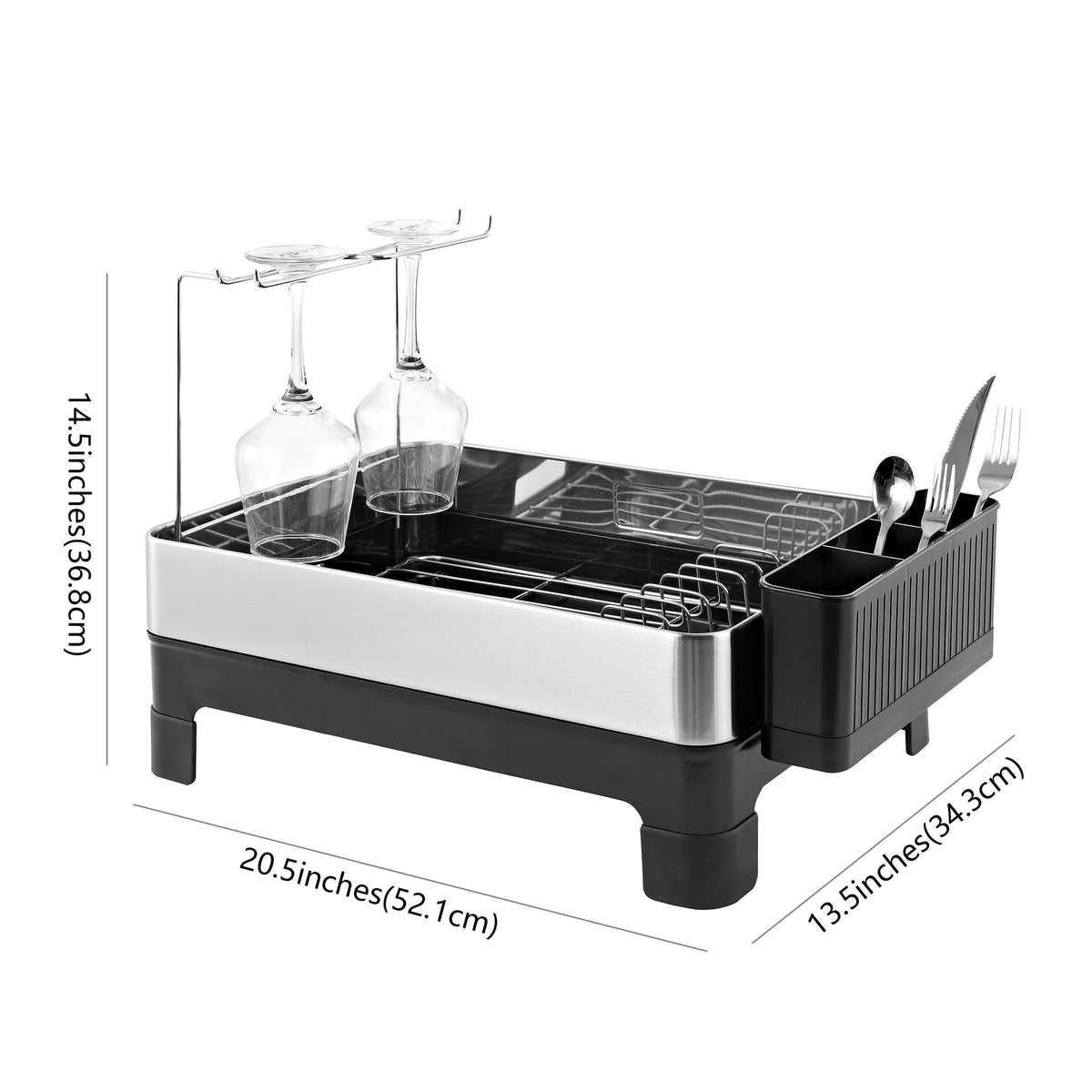 Concerto 20.5" Fingerprint-Proof Stainless Steel Dish Drying Rack with Swivel Spout Tray and Wine Glass Holder - Silver/Black