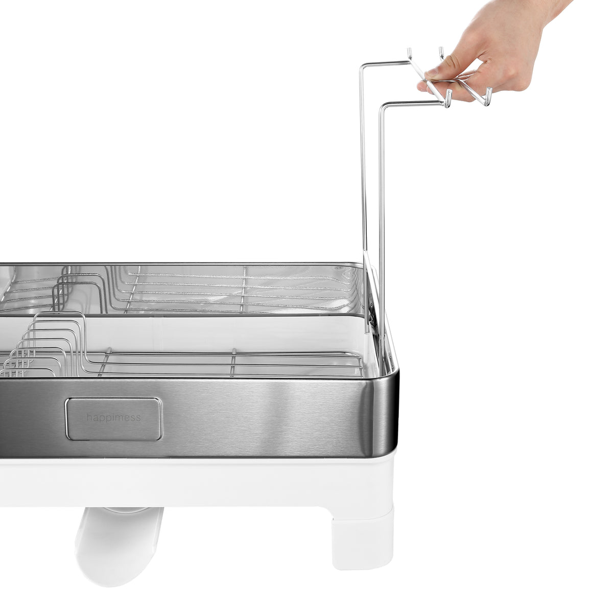 Concerto 20.5" Fingerprint-Proof Stainless Steel Dish Drying Rack with Swivel Spout Tray and Wine Glass Holder - Silver/White
