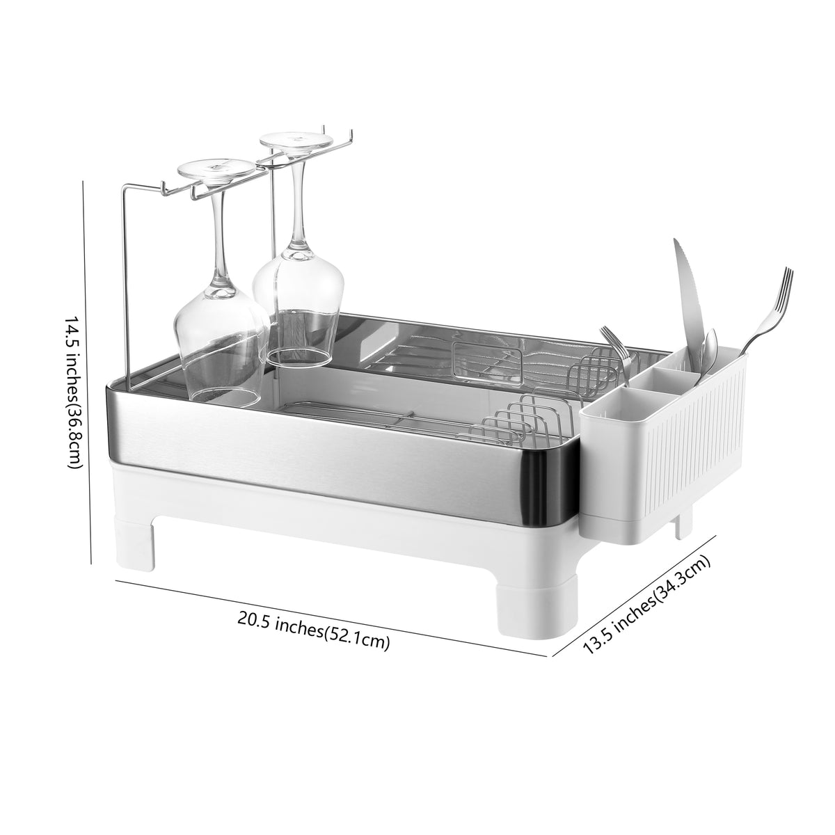 Concerto 20.5" Fingerprint-Proof Stainless Steel Dish Drying Rack with Swivel Spout Tray and Wine Glass Holder - Silver/White