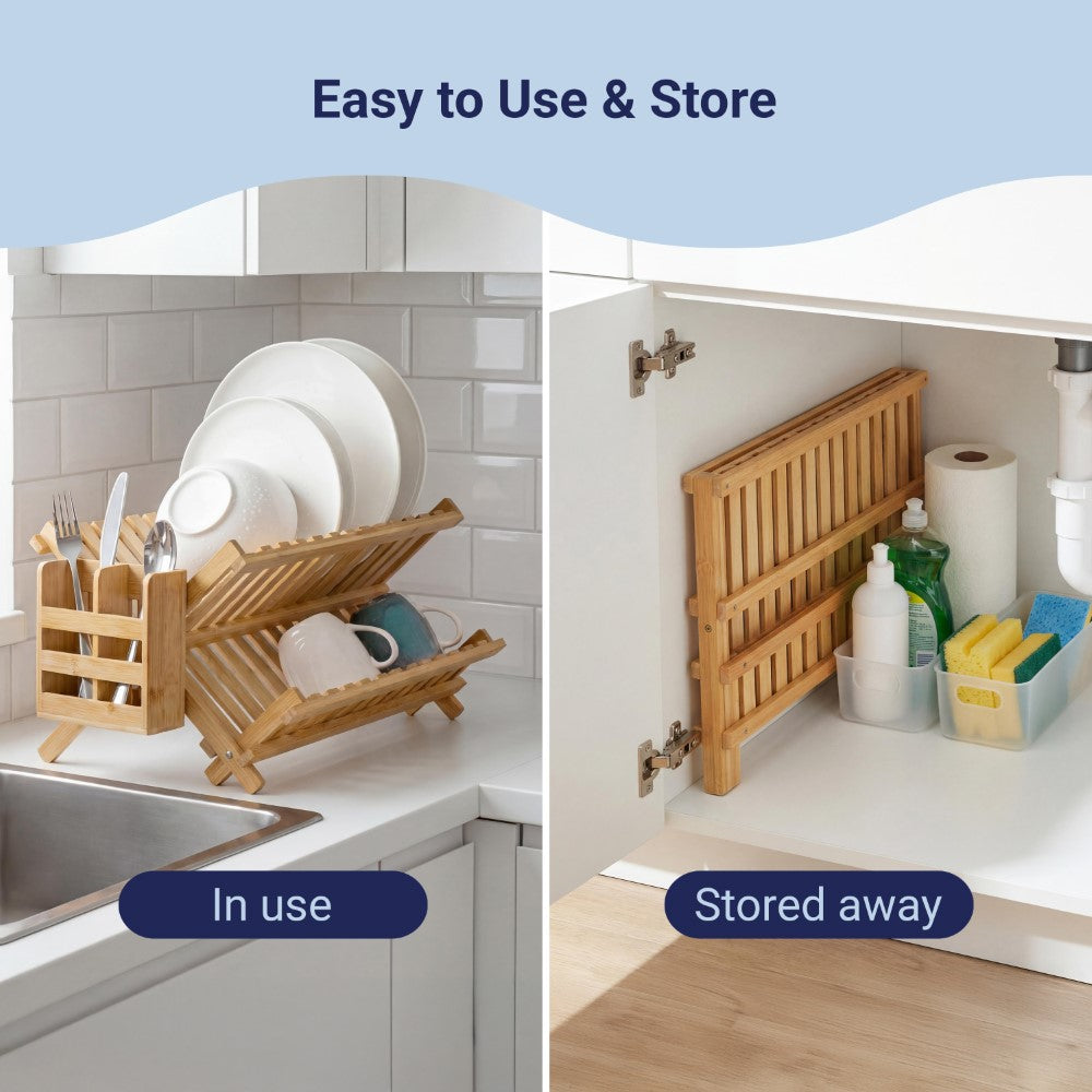 Arlen Farmhouse Bamboo Foldable 2-Tier Dish Drying Rack with Detachabl
