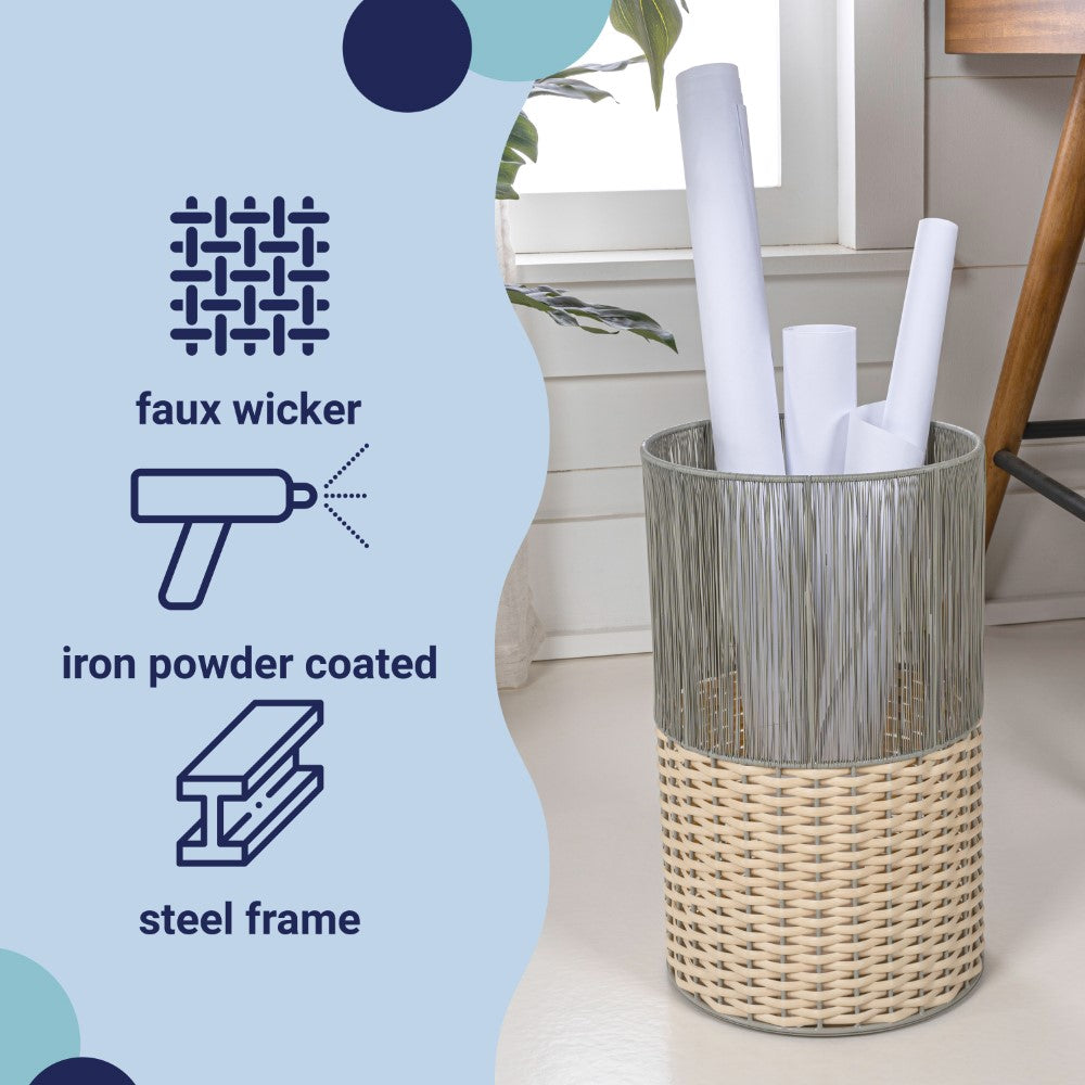 Harper Modern 4.13-Gallon 2-Tone Faux Wicker Cylinder Waste Basket - Happimess