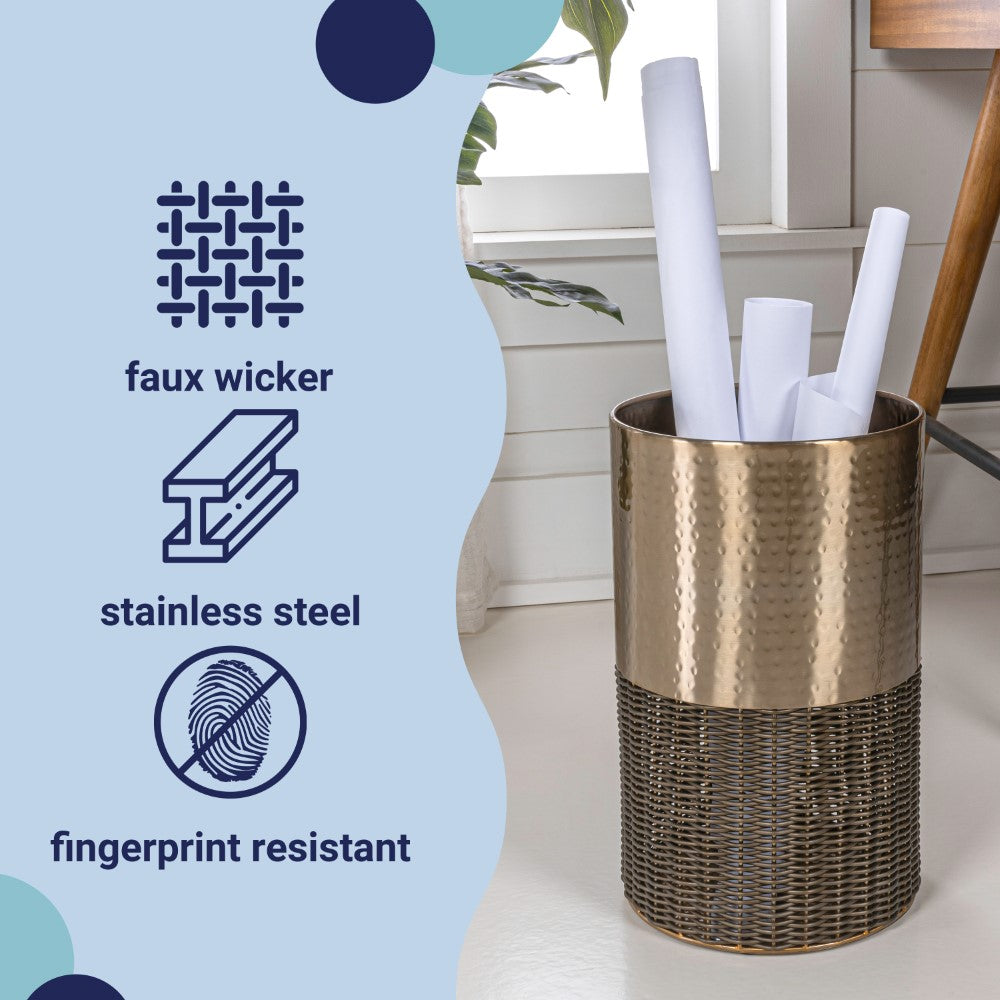 Asher Modern 4.13-Gallon 2-Tone Faux Wicker/Metal Cylinder Waste Basket - Happimess