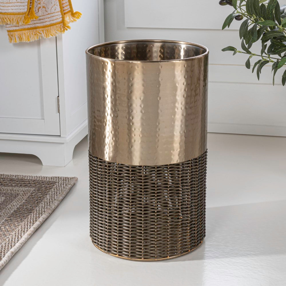 Asher Modern 4.13-Gallon 2-Tone Faux Wicker/Metal Cylinder Waste Basket - Happimess